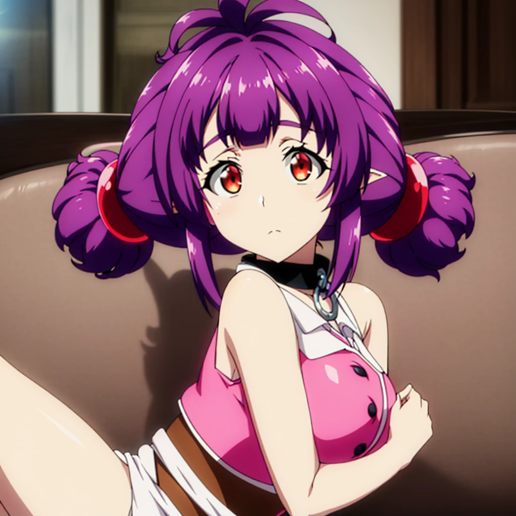 sitting at attention, sitting on couch, pink shirt, black tie, brown vest, sleeveless, purple hair, red eye, hair_ornament, twintails, hair_tie, 1 girl, 20yo, Young female, Beautiful,Beautiful long legs, Beautiful body, Beautiful Nose, Beautiful character design, perfect eyes, perfect face, expressive eyes, looking at viewer, (full_body),(Focus on her face), official art, extremely detailed CG unity 8k wallpaper, perfect lighting, Colorful, Bright_Front_face_Lighting,shiny skin, (masterpiece:1.0),(best_quality:1.0), ultra high res,4K,ultra-detailed, photography, 8K, HDR, highres, absurdres:1.2, Kodak portra 400, film grain, blurry background, bokeh:1.2, lens flare, (vibrant_color:1.2) (Beautiful,Large_Breasts:1.4), (beautiful_face:1.5),(narrow_waist),