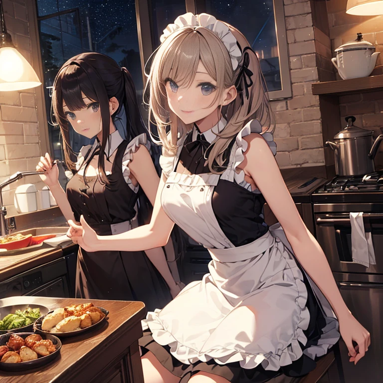 A group of maids, (in kitchen), various hair styles, harem, wearing maid uniform, night, details face, , short skirt, seducing, sleeveless , night, starry night 