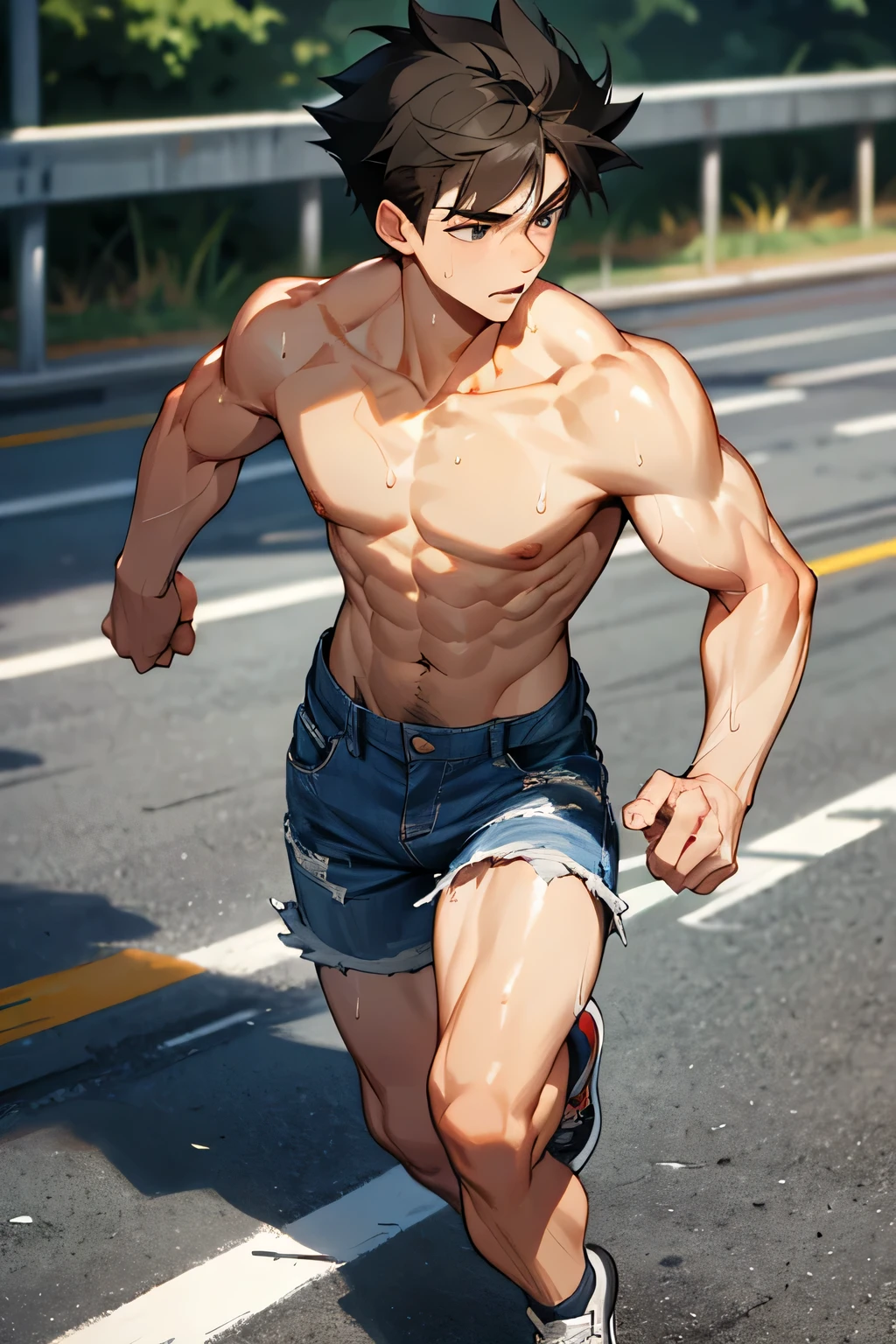 shirtless, super muscular, dripping with sweat, drenched with sweat, panting, 22-year old short black hair handsome caucasian male wearing sweat -drenched white running shorts and sneakers, running in the highway on a hot day