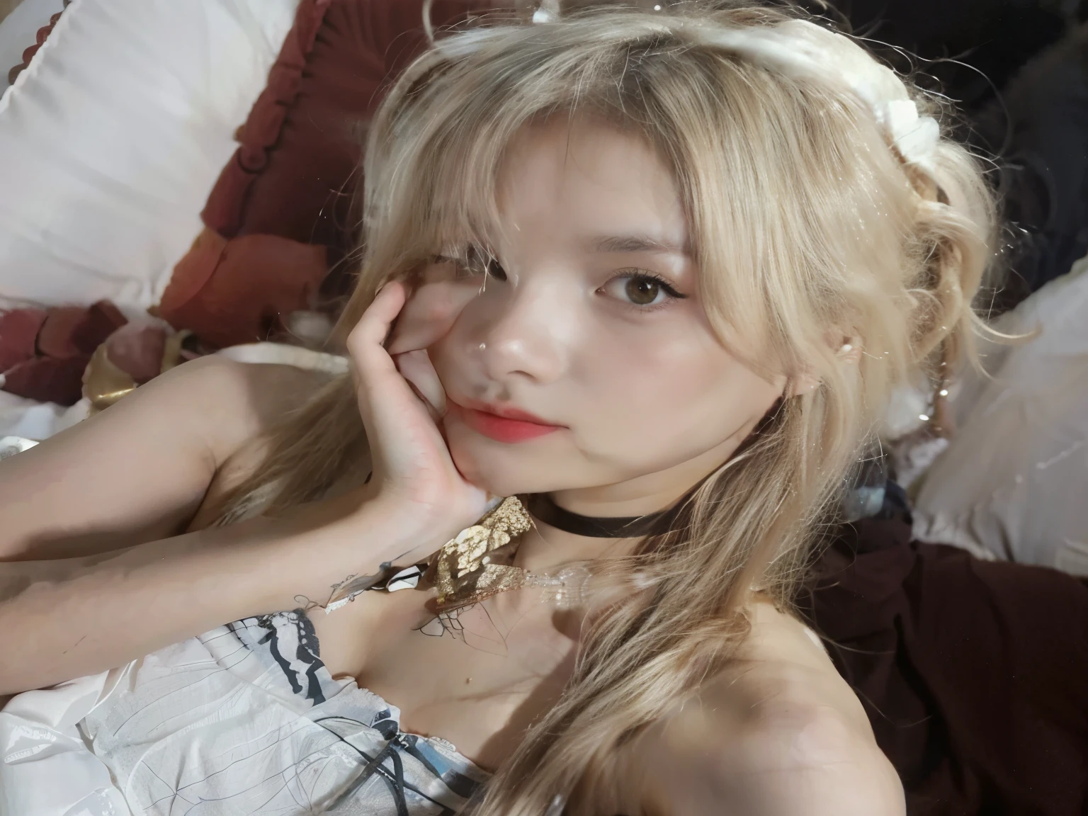 blond woman with long hair laying on a couch with a black shirt, ava max, portrait of jossi of blackpink, very very pale blond hair, extremely pale blond hair, portrait of kim petras, she has blond hair, roseanne park of blackpink, her hair is white, with long blond hair, perfect white haired girl, a girl with blonde hair