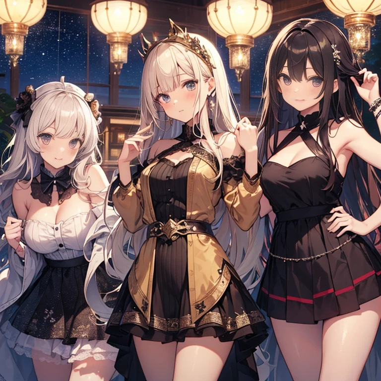 A group of young princesses, (in bedroom), various hair styles, harem, wearing royal dress, night, details face, , short skirt, seducing, sleeveless , showing armpits, night, starry night