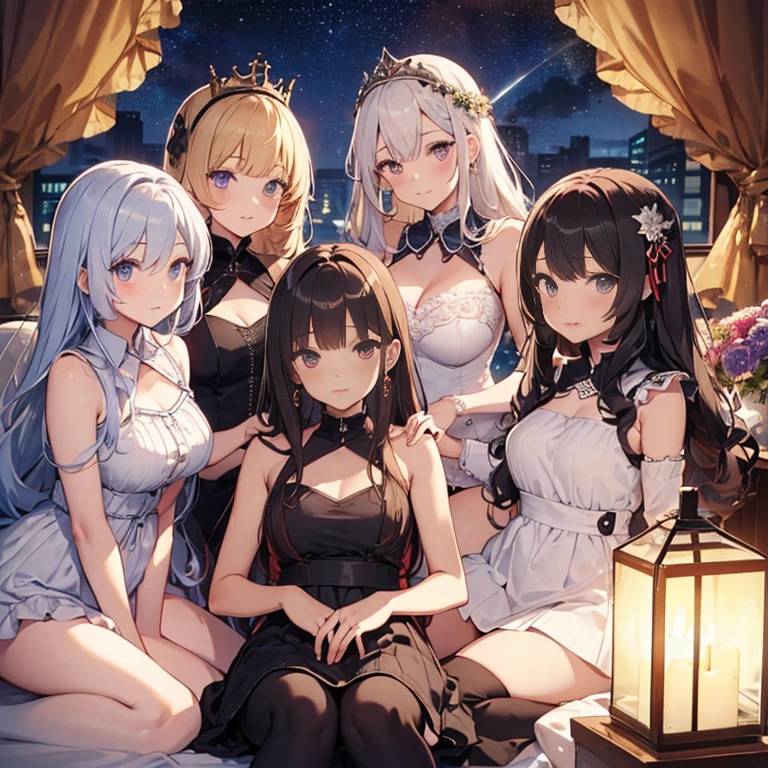 A group of young princesses, (in bedroom), various hair styles, harem, wearing royal dress, night, details face, , short skirt, seducing, sleeveless , showing armpits, night, starry night