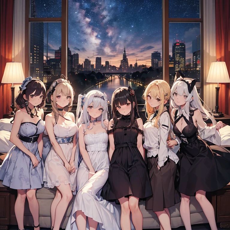 A group of young princesses, (in bedroom), various hair styles, harem, wearing royal dress, night, details face, , short skirt, seducing, sleeveless , showing armpits, night, starry night