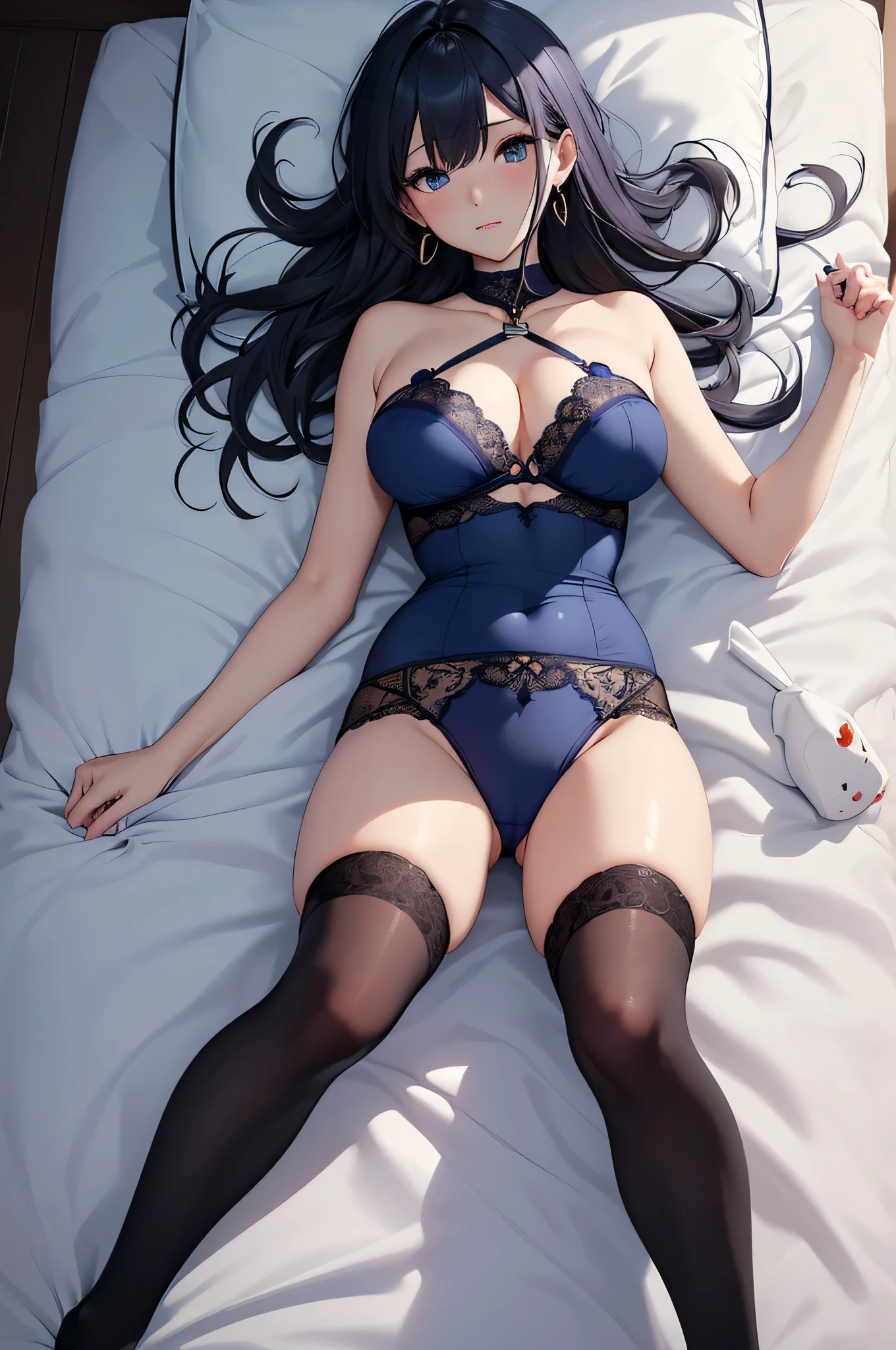 最high quality、best image quality、masterpiece、Curvy but thin body、perfect eyes, perfect face,The exact number of fingers、Exact number of legs、The exact number of armatures((bust 180:1.8,beautiful blue eyes、1 girl:4.0、milking(Own),expose one's chest,beautiful nipples、beautiful big breasts(erect nipples:1)、sexy look、big breasts, 、black stockings、light blue short hair(inwardly curled hair)、thin、((Wearing only sexy navy underwear 1.8)),from head to calf、black wristband on wrist、Golden star-shaped hair ornament、Golden Necklace、red face、Slippery texture))high quality、beautiful art、With background((bed)))、((open your legs:1.8、raise both legs:1.8,Own your thighs:1.8,lie down on the bed:1.8)),visual art、written boundary depth、One earring in each ear、mole under eye、beautiful thighs