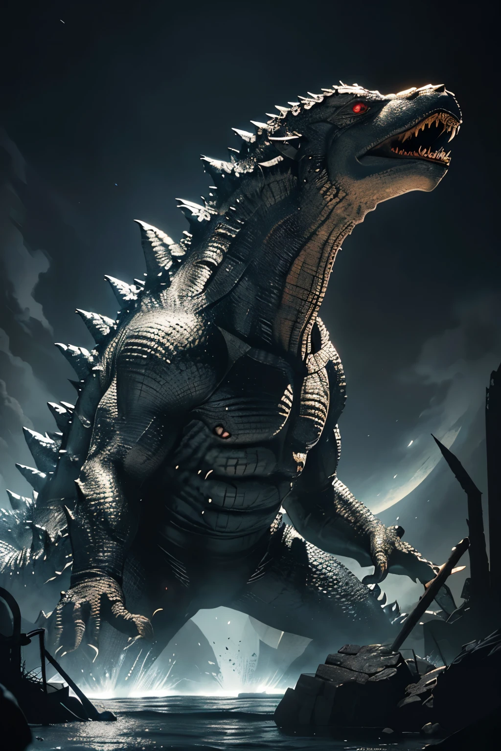 Hyper-realistic illustration of Godzilla, the Leviathan Gigante: His massive body is depicted with steel scales that glisten under the moonlight, his dentes grandes forming a menacing grinding display. Red eyes pierce through the darkness, radiating an aura of power and destruction. The intricate texture of his scales and the detail of his teeth add to the terror that engulfs the scene. This ultra-high definition, masterpiece comes alive as the most best illustration, boasting an extremely high level of detail. (1.4), (8K), (RAW photo), (best quality), (ultra-detailed), (tmasterpiece).