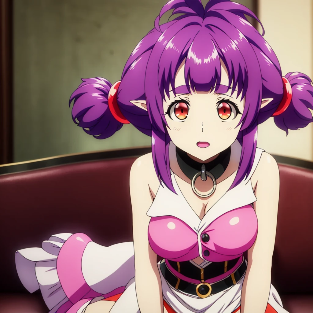 sitting at attention, sitting on couch, pink shirt, black tie, brown vest, sleeveless, purple hair, red eye, hair_ornament, twintails, hair_tie, 1 girl, 20yo, Young female, Beautiful,Beautiful long legs, Beautiful body, Beautiful Nose, Beautiful character design, perfect eyes, perfect face, expressive eyes, looking at viewer, (full_body),(Focus on her face), official art, extremely detailed CG unity 8k wallpaper, perfect lighting, Colorful, Bright_Front_face_Lighting,shiny skin, (masterpiece:1.0),(best_quality:1.0), ultra high res,4K,ultra-detailed, photography, 8K, HDR, highres, absurdres:1.2, Kodak portra 400, film grain, blurry background, bokeh:1.2, lens flare, (vibrant_color:1.2) (Beautiful,Large_Breasts:1.4), (beautiful_face:1.5),(narrow_waist),