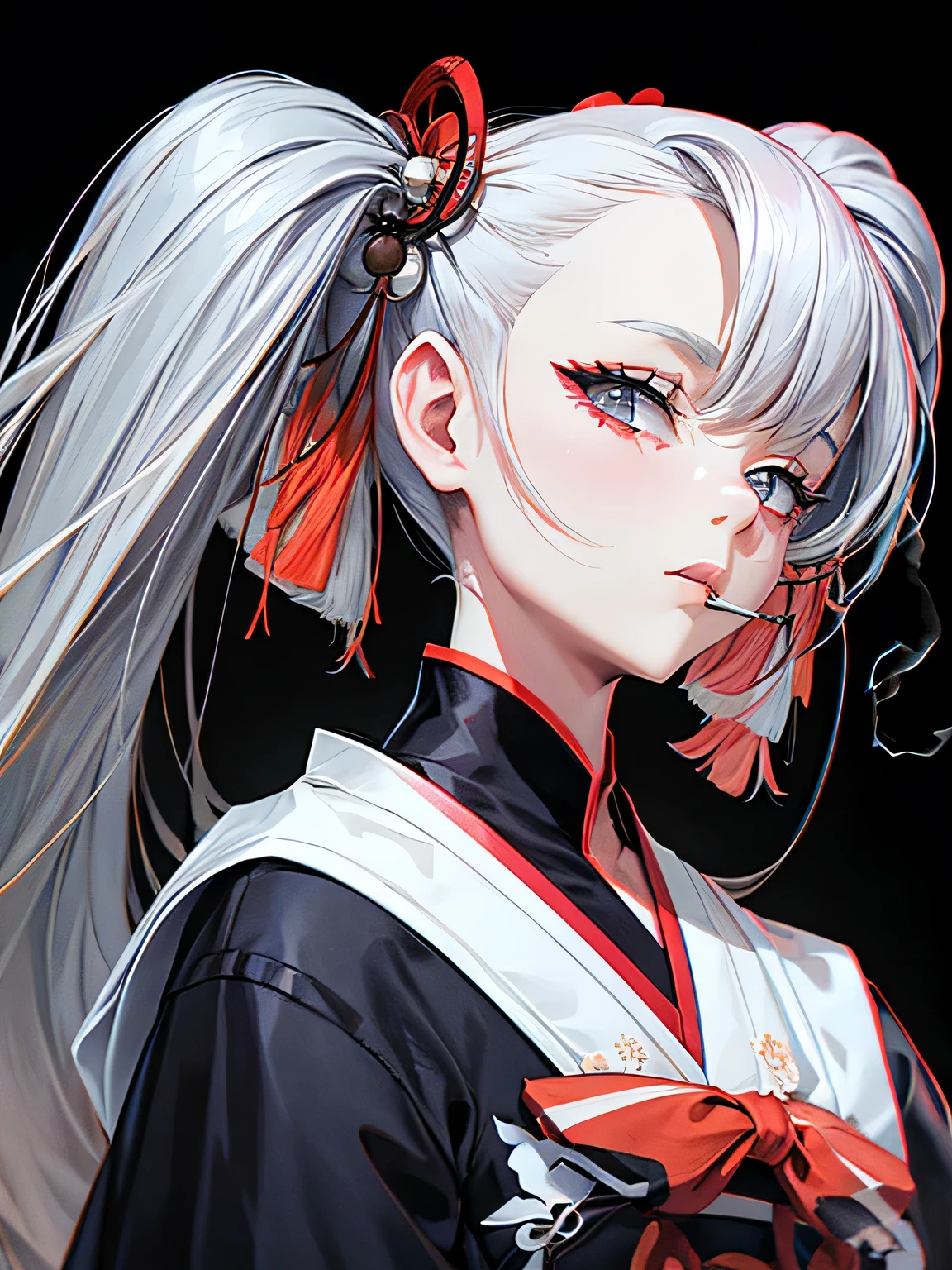 cigarette,Kissel,Gray Hair,10th Generation,neutral,kimono,Black background,An illustration,Fantasy,1 person,Twin tails