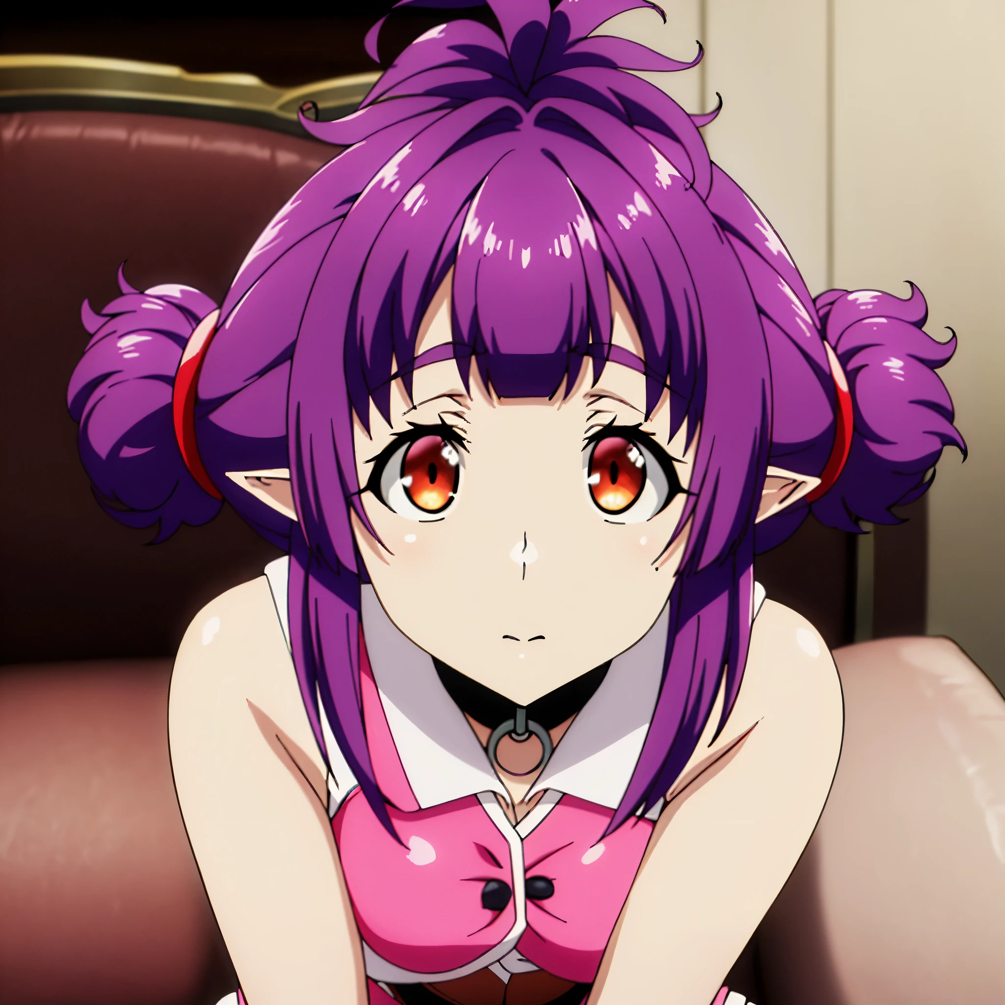 sitting at attention, sitting on couch, pink shirt, black tie, brown vest, sleeveless, purple hair, red eye, hair_ornament, twintails, hair_tie, 1 girl, 20yo, Young female, Beautiful,Beautiful long legs, Beautiful body, Beautiful Nose, Beautiful character design, perfect eyes, perfect face, expressive eyes, looking at viewer, (full_body),(Focus on her face), official art, extremely detailed CG unity 8k wallpaper, perfect lighting, Colorful, Bright_Front_face_Lighting,shiny skin, (masterpiece:1.0),(best_quality:1.0), ultra high res,4K,ultra-detailed, photography, 8K, HDR, highres, absurdres:1.2, Kodak portra 400, film grain, blurry background, bokeh:1.2, lens flare, (vibrant_color:1.2) (Beautiful,Large_Breasts:1.4), (beautiful_face:1.5),(narrow_waist),