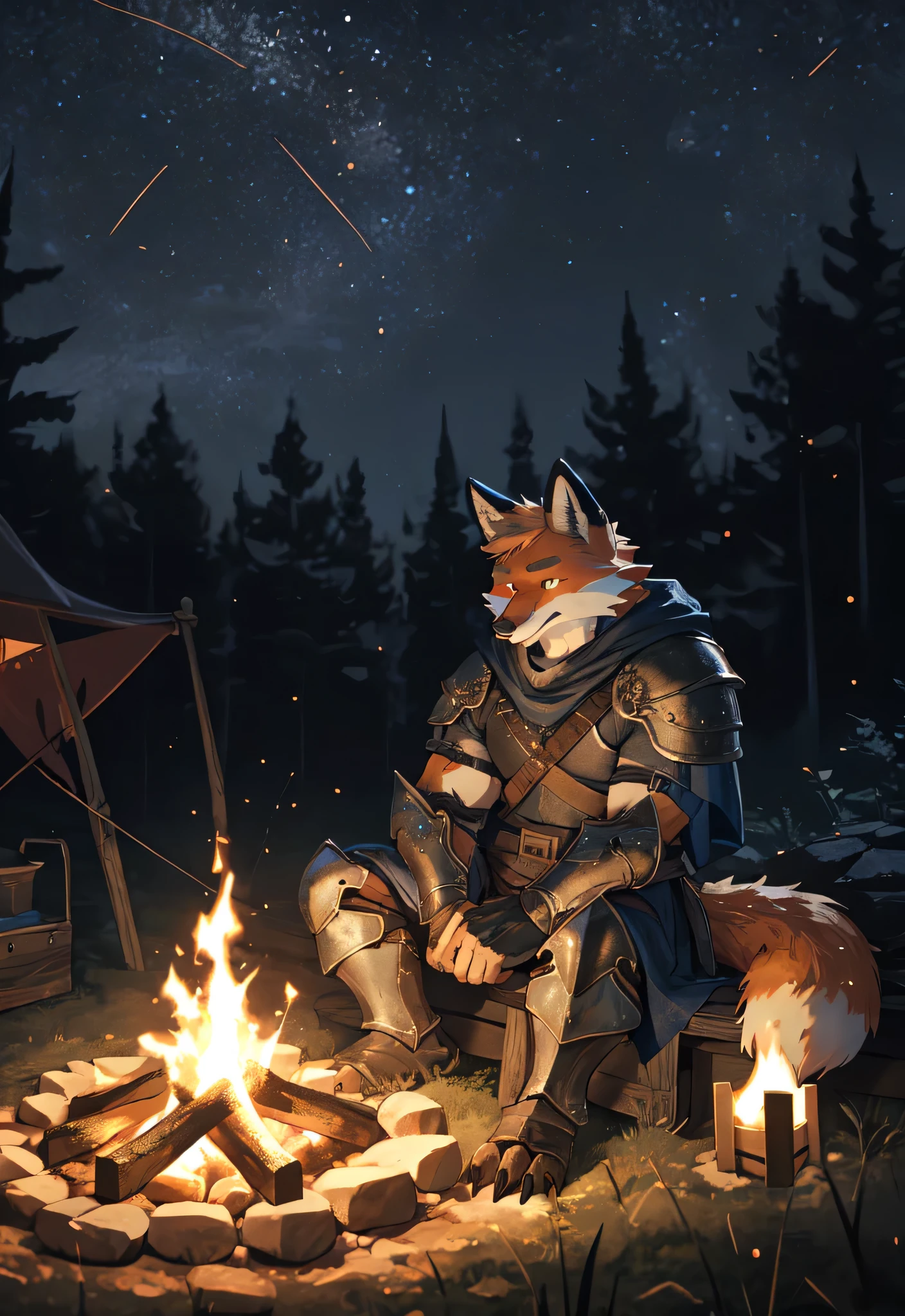 solo, kemono, (fox), anthro, male, fur, tail, muscles, handsome, armor, medieval, fantasy, outdoors, outside, dark, night, forest, campfire, camp, stars, sitting, toe claws, epic, depth of field, perfect lighting, (light particles),(best quality),(masterpiece),(ultra detailed),sharp focus,light particles