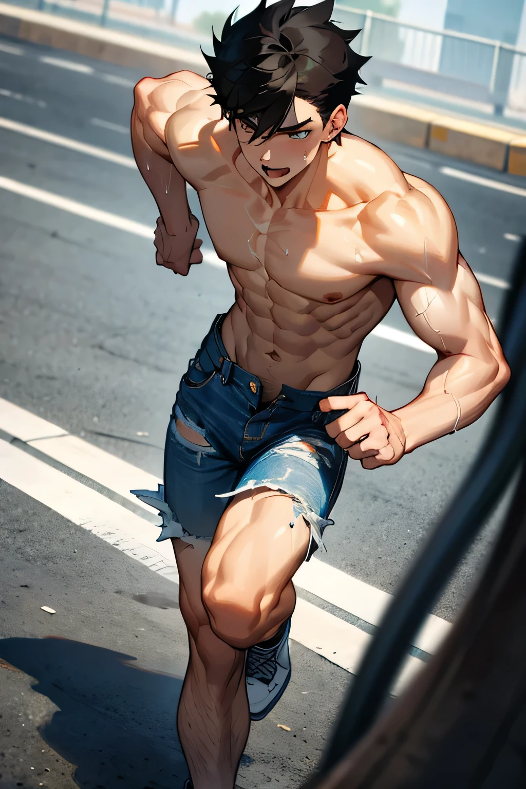 shirtless, super muscular, dripping with sweat, panting, 22-year old short black hair handsome caucasian male wearing tattered short jeans and sneakers, running, shirtless in the highway  