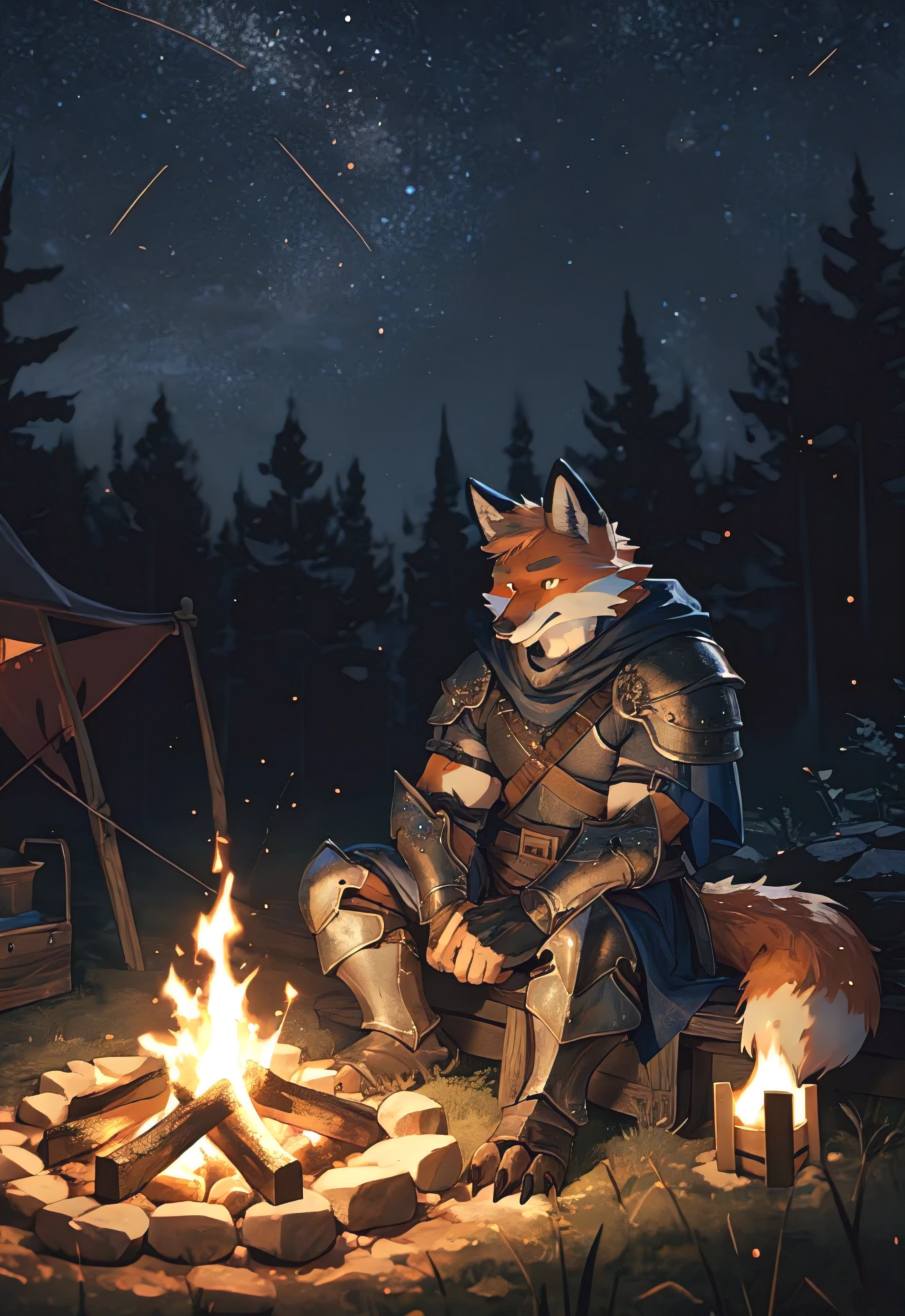 solo, kemono, (fox), anthro, male, fur, tail, muscles, handsome, armor, medieval, fantasy, outdoors, outside, dark, night, forest, campfire, camp, stars, sitting, toe claws, epic, depth of field, perfect lighting, (light particles),(best quality),(masterpiece),(ultra detailed),sharp focus,light particles