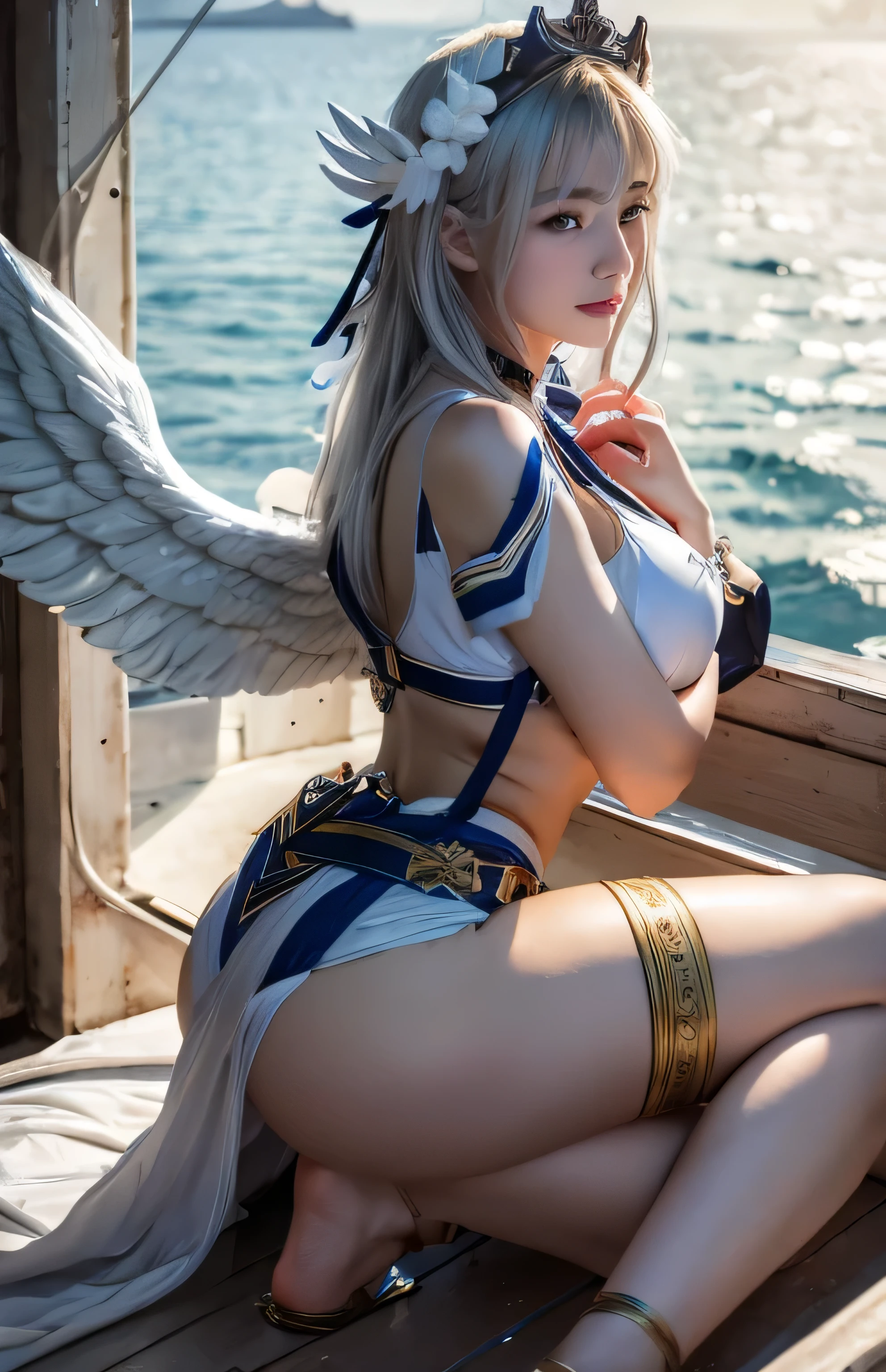 Greek warships、She has white angel wings on her back