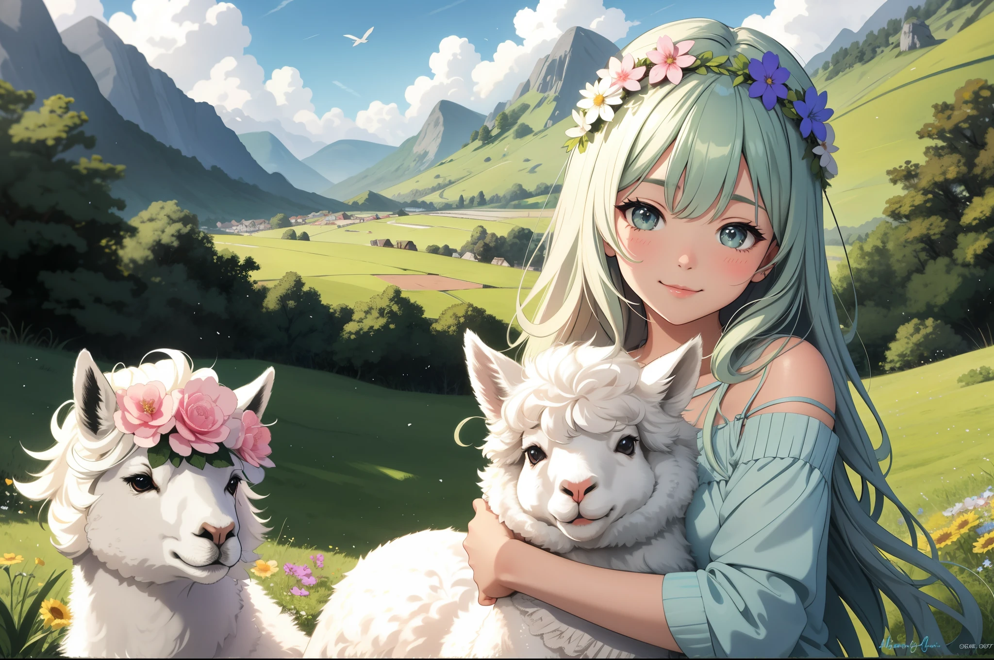 (best quality,highres,masterpiece),ultra-detailed,(realistic,photorealistic,photo-realistic), cute girl hugging a cute Alpaca, Alpaca, cutie, adorable, fluffy,soft and cuddly,furry,gentle eyes,innocent expression,fur texture details,dainty pink nose,curly wool,small hooves,majestic presence,sweet smile,peaceful meadow,rolling green hills,lush grass,wildflowers in bloom,blue sky with fluffy clouds,bright sunlight,harmonious color palette,pastel tones,natural lighting,adorning flower crown,gentle breeze,tranquil atmosphere,majestic mountains in the distance,playful interaction with butterflies and birds,calm demeanor,relaxing and joyful scene,delightful portrait,perfectly capturing the Alpaca's charm and cuteness.