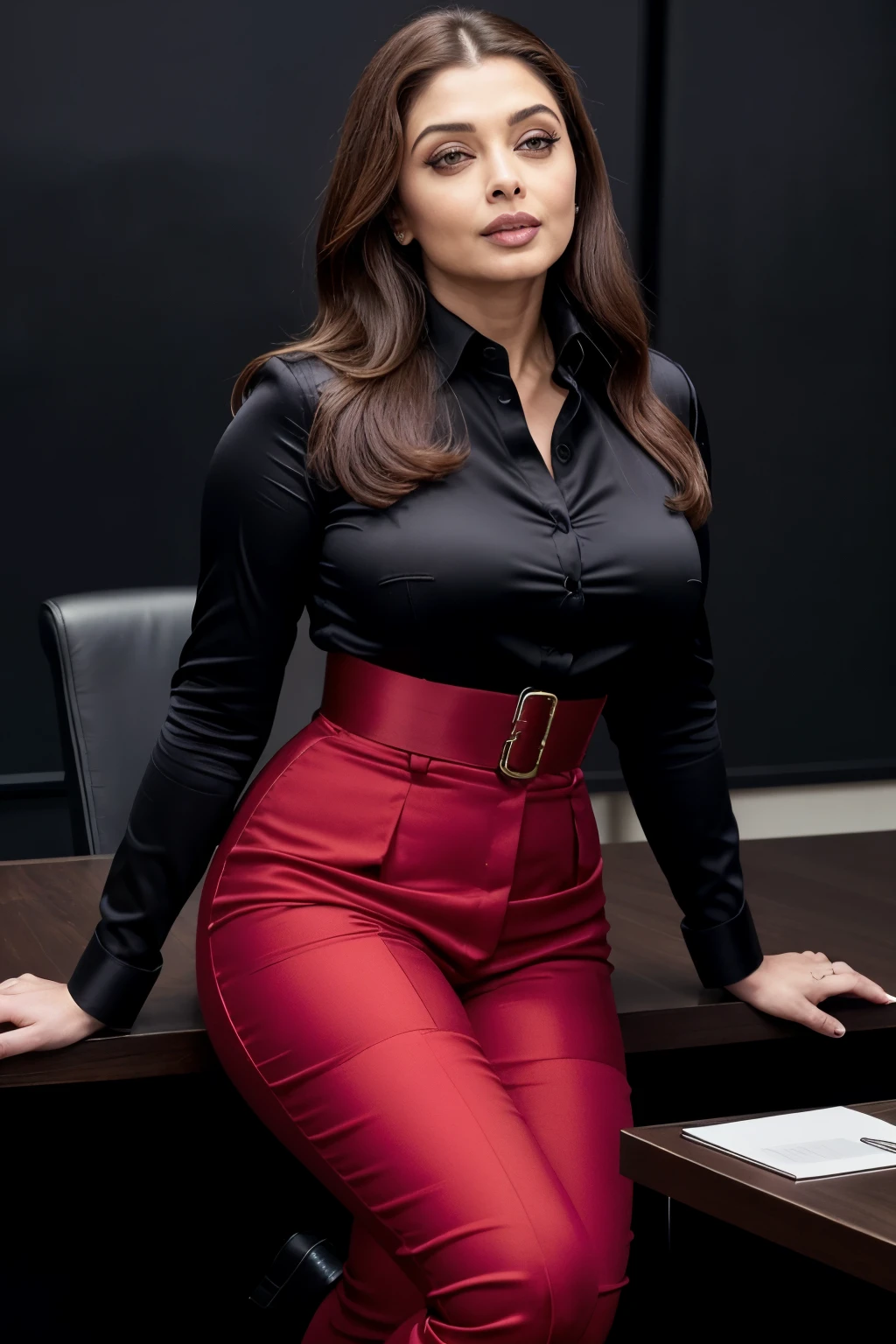 50yo MATURE MILF Aishwarya Rai Bachchan as CORPORATE LADY, BUSTY BOSS lady, unbuttoned ((TIGHT satin red shirt)), black trousers, ((KNEE high boots)), posing in boardroom meeting showing cleavage, day scene, seductive face, look straight at camera, tied up high ponytail hair, erotic adult face, 42 yo, soft volumetric lights, intricate details, (ArtStation:1.2)