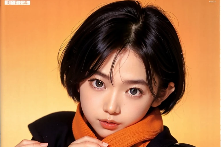 (Ogawa Noriko)、One girl, alone, View your viewers, short hair, Simple Background, Black Hair, Long sleeve, Upper Body, parted lips, scarf, Manicure, Iris, sweater, lips, Slope, Book, Slope background, ring, Orange background