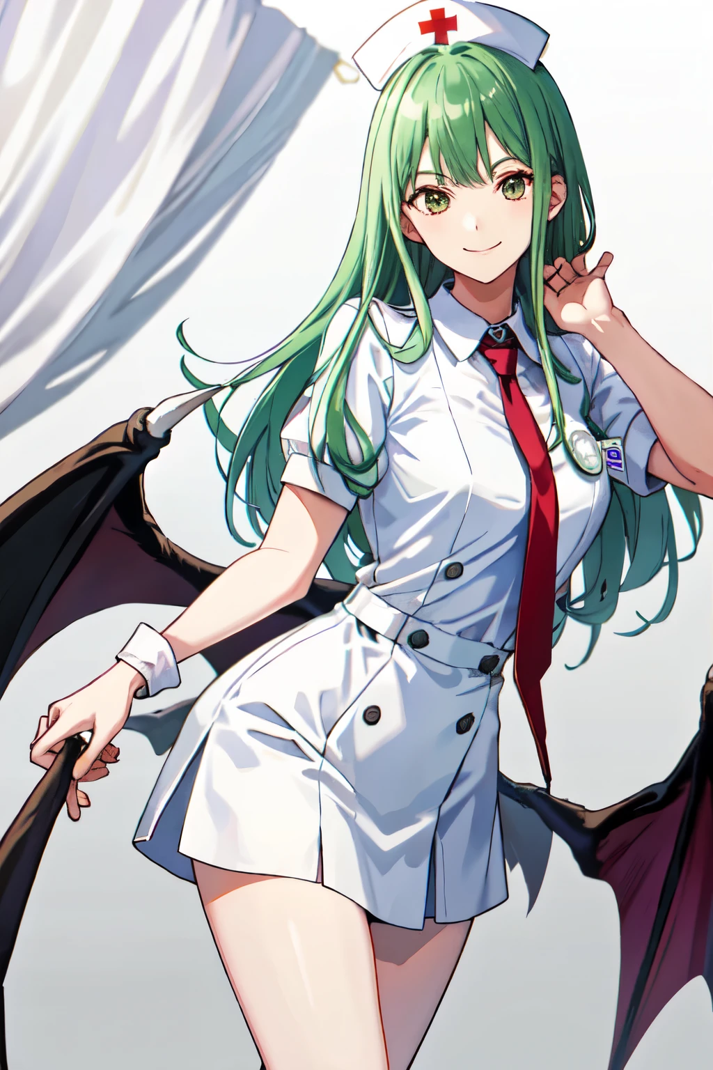 High Resolution、one person、Morrigan、adult woman、smile evilly、Wicked Smile、 Most detailed，Miniskirt、White nurse uniform、Hospital room、hospital、nurse