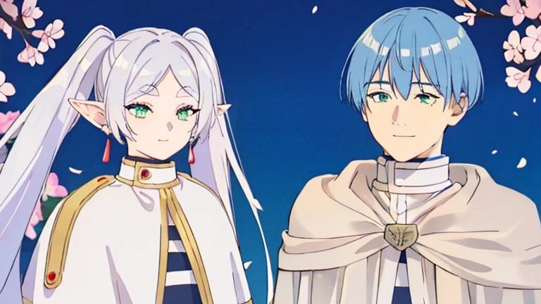 ((highest quality, super detailed girl and boy:1.4))BREAK,(girl is White hair,green eyes,shining eyes,((absurdly long twin tail)):1.3),BREAK,(boy is Blue hair,boy is short hair:1.3),BREAK,(boy and girl walking side by side:1.4),(landscape photography:1.2), (highly detailed background:1.2),(cherry blossoms, cherry blossom,standing, midnight, moon:1.3),(total1 girl,total 1 boy,duo:1.3),(from above:1.3),(girl is expressionless:1.2),(boy is smile:1.2),(boy looking at girl:1.2),(girl is looking away:1.1)