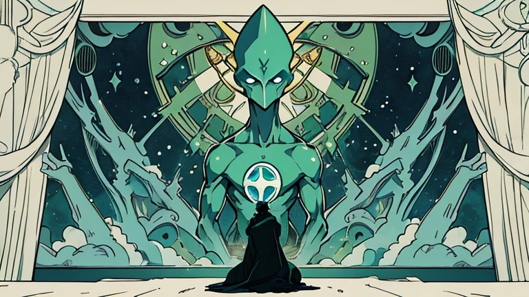 Present an environment inspired by the works of Hieronymus Bosch. There will be a green alien, as a reference to Dr. Manhattan from Watchmen through subtle visual elements, which could be his pose or the location. Being portrayed in a pensive posture, looking into the distance, conveying a feeling of deep isolation.
