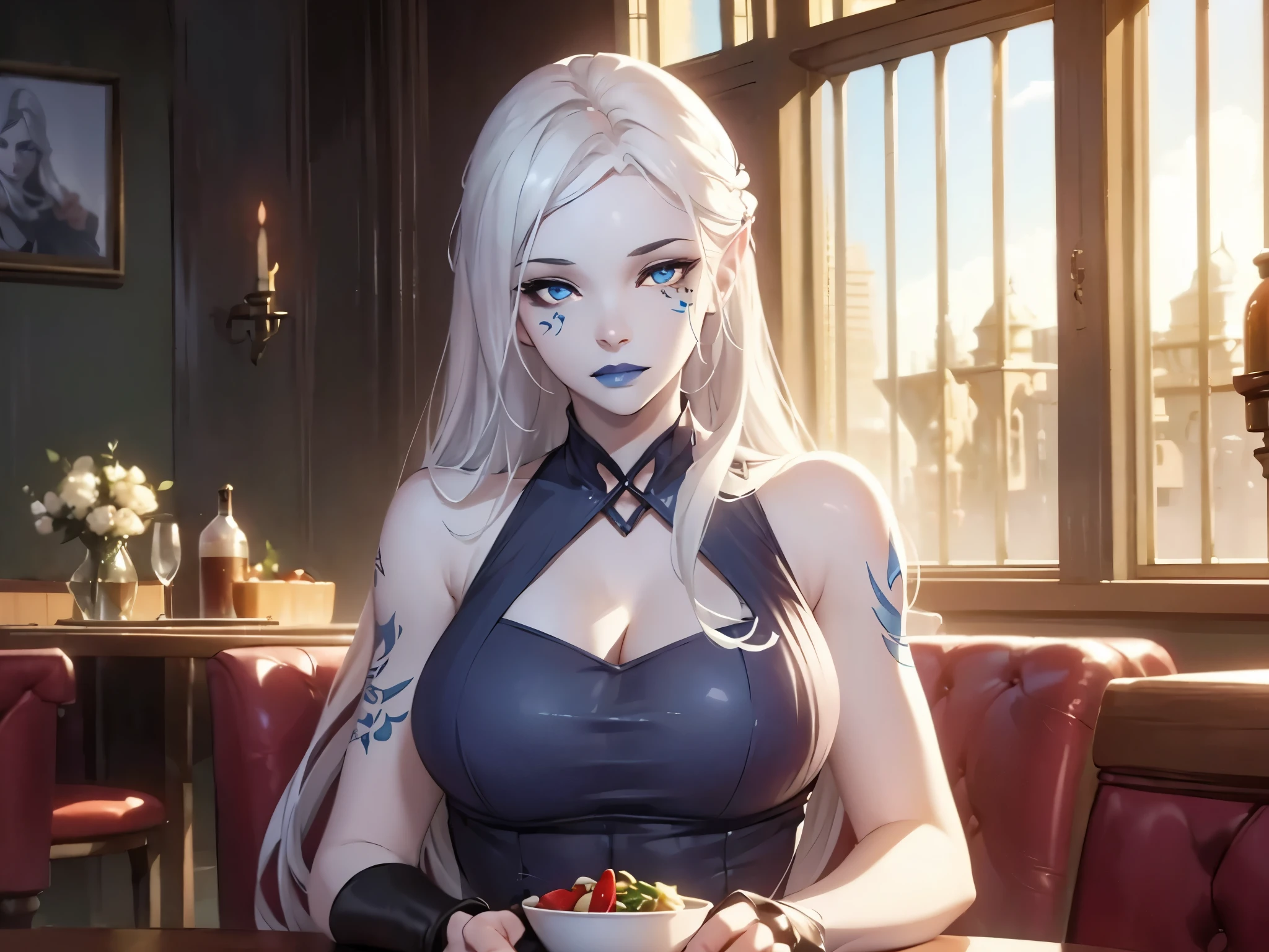 jarael, pale white skin, long white hair, ((blue lips)), medium breasts, cute, beautiful eyes, long red dress, sitting in a restaurant, cheek tattoos