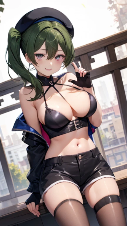 ubel,((ubel of Frieren: Beyond Journey's End )),dark green hair,long hair,side ponytail,hair between eyes,bangs, BREAK (beret, black jacket, open clothes, cleavage, midriff, black shorts, black thighhighs, thigh strap, fingerless gloves, single glove:1.2) , (dynamic angle:1.3, front view:1.1, breast focus:1.3, from below:1.2), (dynamic posing:1.5, sexy posing:1.2, leaning forward), (seductive smiling:1.3),(*K) HD, highest quality, WorKs of masters, High resolution, spread legs, panties shot,1 girl, small nose,(with sparkling eyes and a contagious smile), very beautiful detailed face and eyes, bright colors, cute face, delicate beautiful face, Bright magenta eyes, cute eyes, sparkling eyes, Big eyes, (big breasts:1.3), (perky chest:1.1), (pointed chest:1.0), medium hips, glamorous body, white skin, smile, thin pubric hair, shiny hair, super beautiful face, Super beautiful eyes, Super beautiful hair，trendy outfit，sexy and attractive，explosion of colors，big hairpin，full body esbian，illegal occupation, Real World, Natural light,perfect Natural light,looking at viewer,
