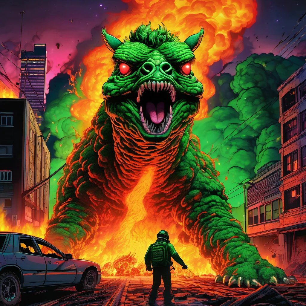 (high quality,realistic,ultra-detailed),(complex, multiple subjects),(subject 1:creep radioactive green Alpaca kaiju with glowing backlit eyes and sharp teeth), (subject 2: creepy lava toad kaiju emerging from a fiery crater,giant tentacles flailing),destructive battle,burning buildings and shattered glass,panicked crowd fleeing,the ground shaking under their colossal feet,flaming debris filling the air,neon lights reflecting off the chaos,streaks of radioactive fire illuminating the night sky,toxic smoke billowing from the clash,evoking a sense of dark horror and impending doom,portraits,nightmarish landscapes,surreal photography,ominous color palette,shadowy and atmospheric lighting