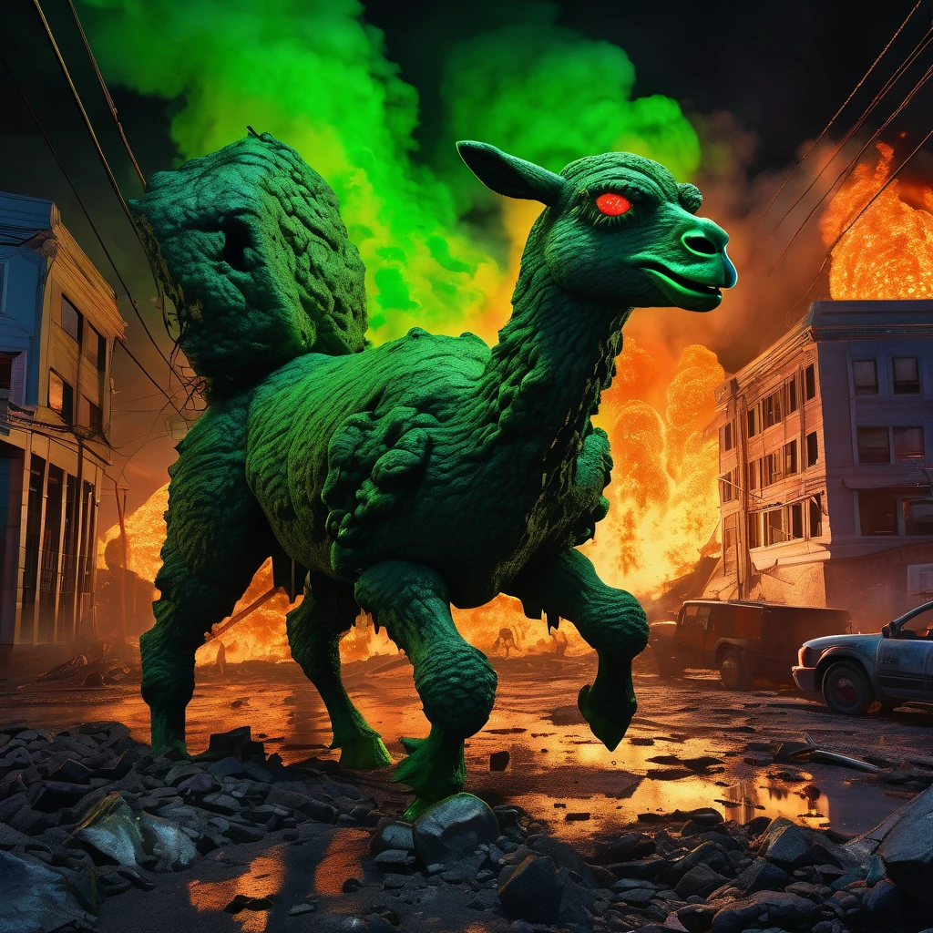 (high quality,realistic,ultra-detailed),(complex, multiple subjects),(subject 1:creep radioactive green Alpaca kaiju with glowing backlit eyes and sharp teeth), (subject 2: creepy lava toad kaiju emerging from a fiery crater,giant tentacles flailing),destructive battle,burning buildings and shattered glass,panicked crowd fleeing,the ground shaking under their colossal feet,flaming debris filling the air,neon lights reflecting off the chaos,streaks of radioactive fire illuminating the night sky,toxic smoke billowing from the clash,evoking a sense of dark horror and impending doom,portraits,nightmarish landscapes,surreal photography,ominous color palette,shadowy and atmospheric lighting