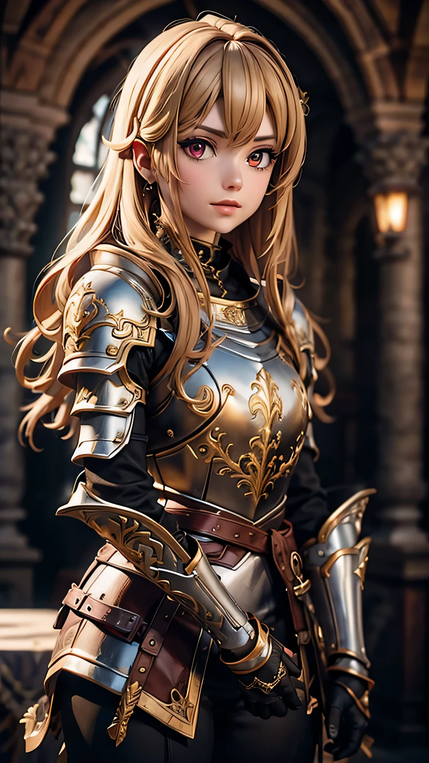high quality, 4k, detailed shadow and light, 1girl, she has light golden hair with dark red eyes and pretty face, makeup, pale skin, she's wearing medieval armor, sexy