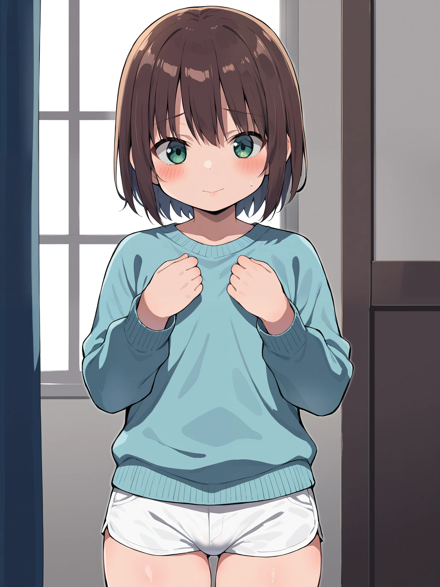 score_9, score_8_up, score_7_up, source_anime, BREAK by ikuchan kaoru, iku, clean color, flat color, 1girl, 1boy, ((shota)), solo, standing, indoors, blush, shy, embarrassed, brown hair, green eyes, boy outfit, blue sweater, white shorts, bulge, looking at viewer