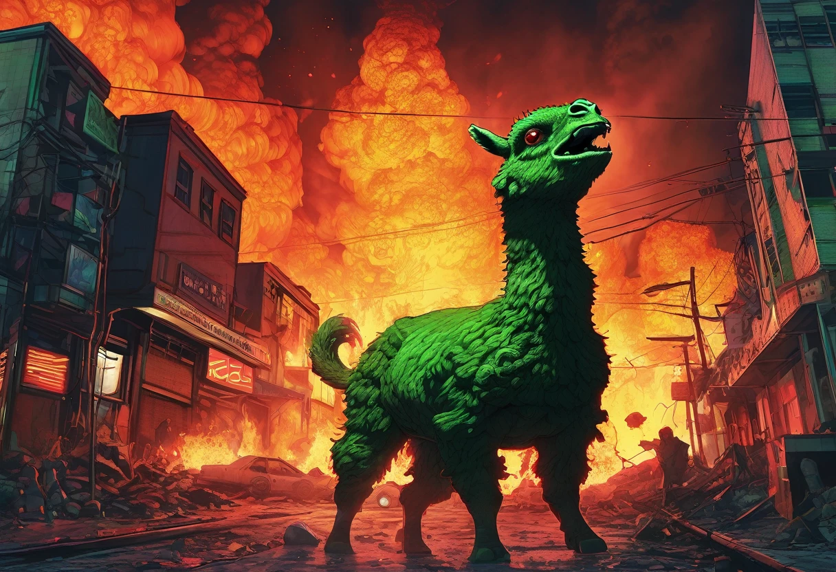 (high quality,realistic,ultra-detailed),(complex, multiple subjects),(subject 1:creep radioactive green Alpaca kaiju with glowing backlit eyes and sharp teeth), (subject 2: creepy lava toad kaiju emerging from a fiery crater,giant tentacles flailing),destructive battle,burning buildings and shattered glass,panicked crowd fleeing,the ground shaking under their colossal feet,flaming debris filling the air,neon lights reflecting off the chaos,streaks of radioactive fire illuminating the night sky,toxic smoke billowing from the clash,evoking a sense of dark horror and impending doom,portraits,nightmarish landscapes,surreal photography,ominous color palette,shadowy and atmospheric lighting