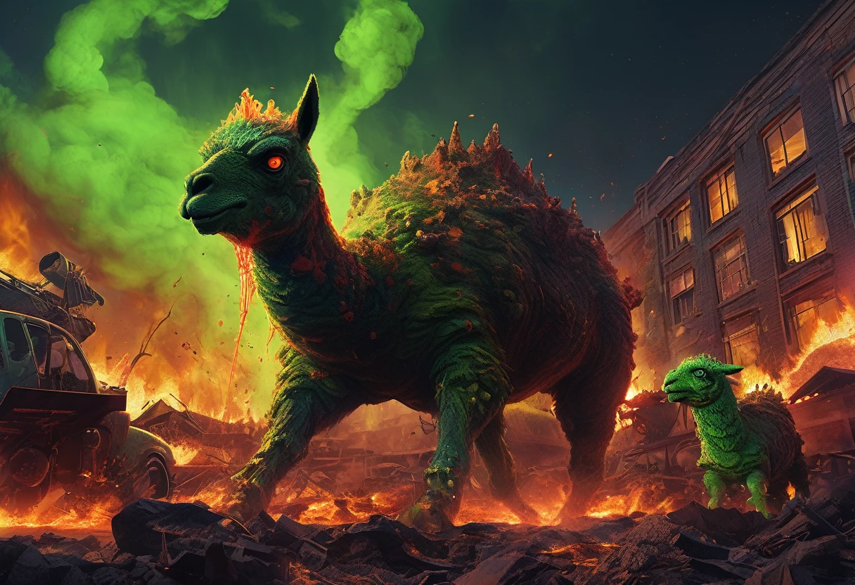(high quality,realistic,ultra-detailed),(complex, multiple subjects),(subject 1:creep radioactive green Alpaca kaiju with glowing backlit eyes and sharp teeth), (subject 2: creepy lava toad kaiju emerging from a fiery crater,giant tentacles flailing),destructive battle,burning buildings and shattered glass,panicked crowd fleeing,the ground shaking under their colossal feet,flaming debris filling the air,neon lights reflecting off the chaos,streaks of radioactive fire illuminating the night sky,toxic smoke billowing from the clash,evoking a sense of dark horror and impending doom,portraits,nightmarish landscapes,surreal photography,ominous color palette,shadowy and atmospheric lighting