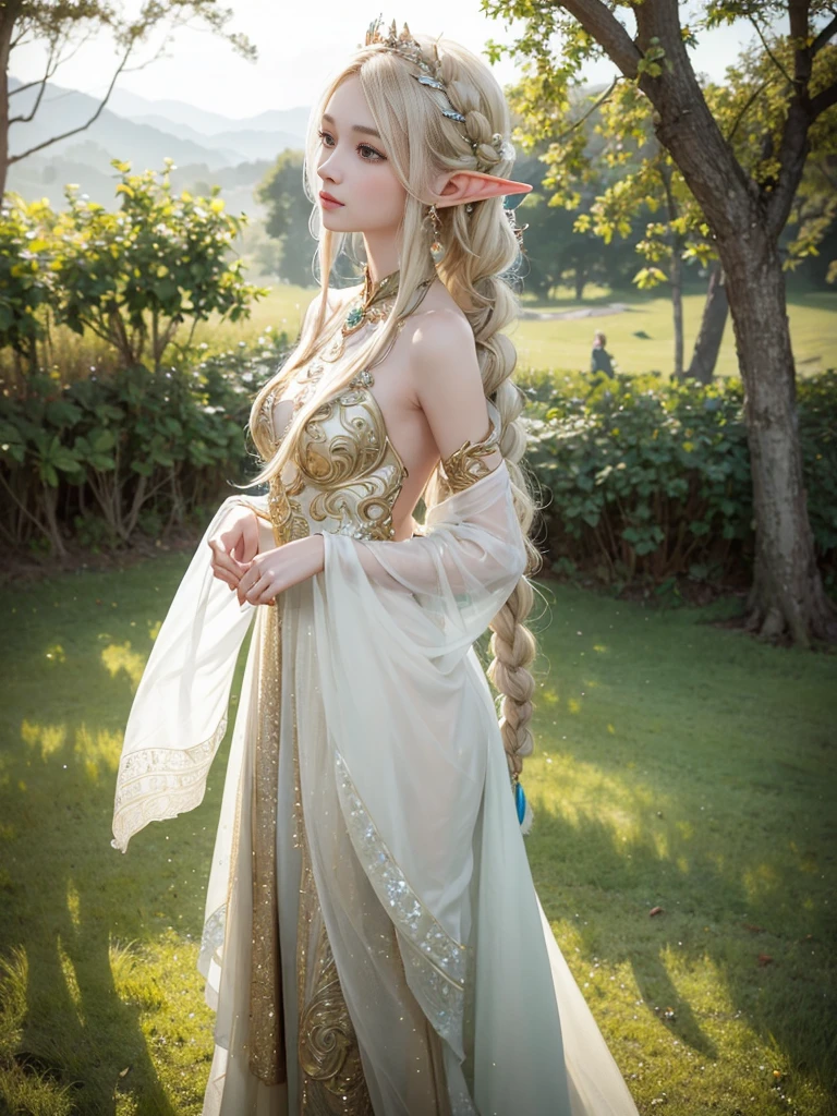 An elegant elf girl standing on the grassland, A delicate face illuminated by the soft light of the setting sun. Her long, Flowing hair running down her back, Decorated with intricate braids、Adorned with sparkling jewels. This great photo is、、、It captures the mysterious beauty of elves.. Slender figure wearing a silk dress、Swaying in the soft grassland breeze. Attention to detail、Face、Face、Face、Face、This is evident in the intricate pattern of the dress and the subtle highlights of the light.. skin. A breathtaking depiction of an elf girl、、、、、Create an enchanting atmosphere、Invite the viewer into a magical world.