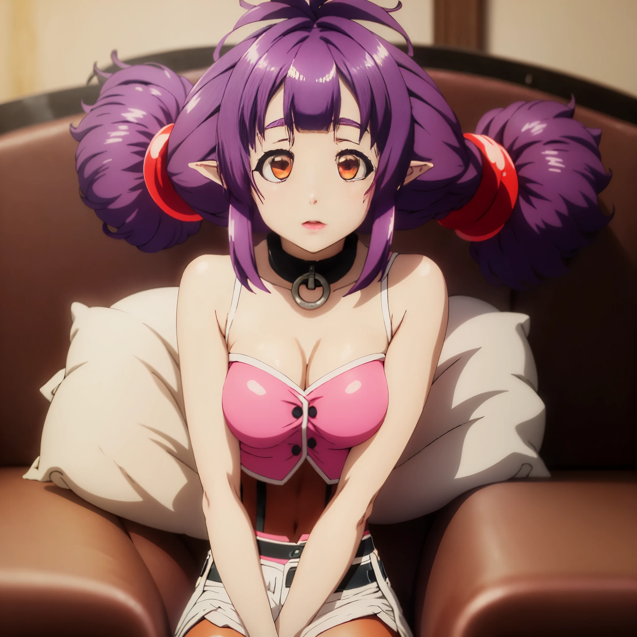 sitting at attention, sitting on couch, pink shirt, black tie, brown vest, sleeveless, purple hair, red eye, hair_ornament, twintails, hair_tie, 1 girl, 20yo, Young female, Beautiful,Beautiful long legs, Beautiful body, Beautiful Nose, Beautiful character design, perfect eyes, perfect face, expressive eyes, looking at viewer, (full_body),(Focus on her face), official art, extremely detailed CG unity 8k wallpaper, perfect lighting, Colorful, Bright_Front_face_Lighting,shiny skin, (masterpiece:1.0),(best_quality:1.0), ultra high res,4K,ultra-detailed, photography, 8K, HDR, highres, absurdres:1.2, Kodak portra 400, film grain, blurry background, bokeh:1.2, lens flare, (vibrant_color:1.2) (Beautiful,Large_Breasts:1.4), (beautiful_face:1.5),(narrow_waist)