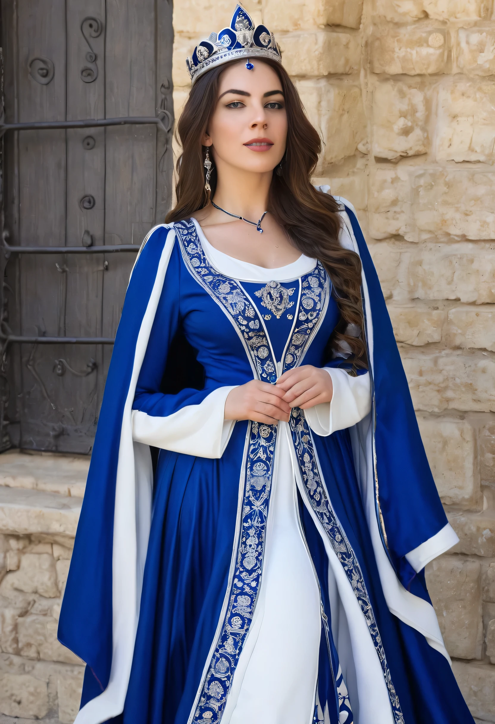 create a beautiful woman from israel in a medieval blue and white queen costume