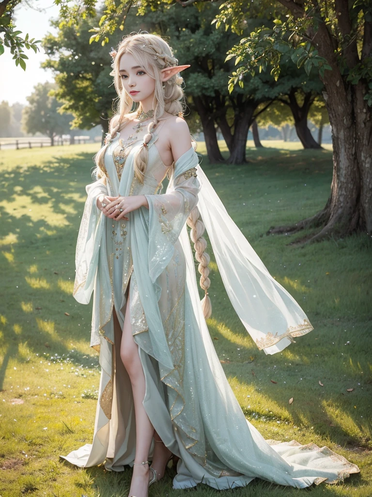 An elegant elf girl standing on the grassland, A delicate face illuminated by the soft light of the setting sun. Her long, Flowing hair running down her back, Decorated with intricate braids、Adorned with sparkling jewels. This great photo is、、、It captures the mysterious beauty of elves.. Slender figure wearing a silk dress、Swaying in the soft grassland breeze. Attention to detail、Face、Face、Face、Face、This is evident in the intricate pattern of the dress and the subtle highlights of the light.. skin. A breathtaking depiction of an elf girl、、、、、Create an enchanting atmosphere、Invite the viewer into a magical world.