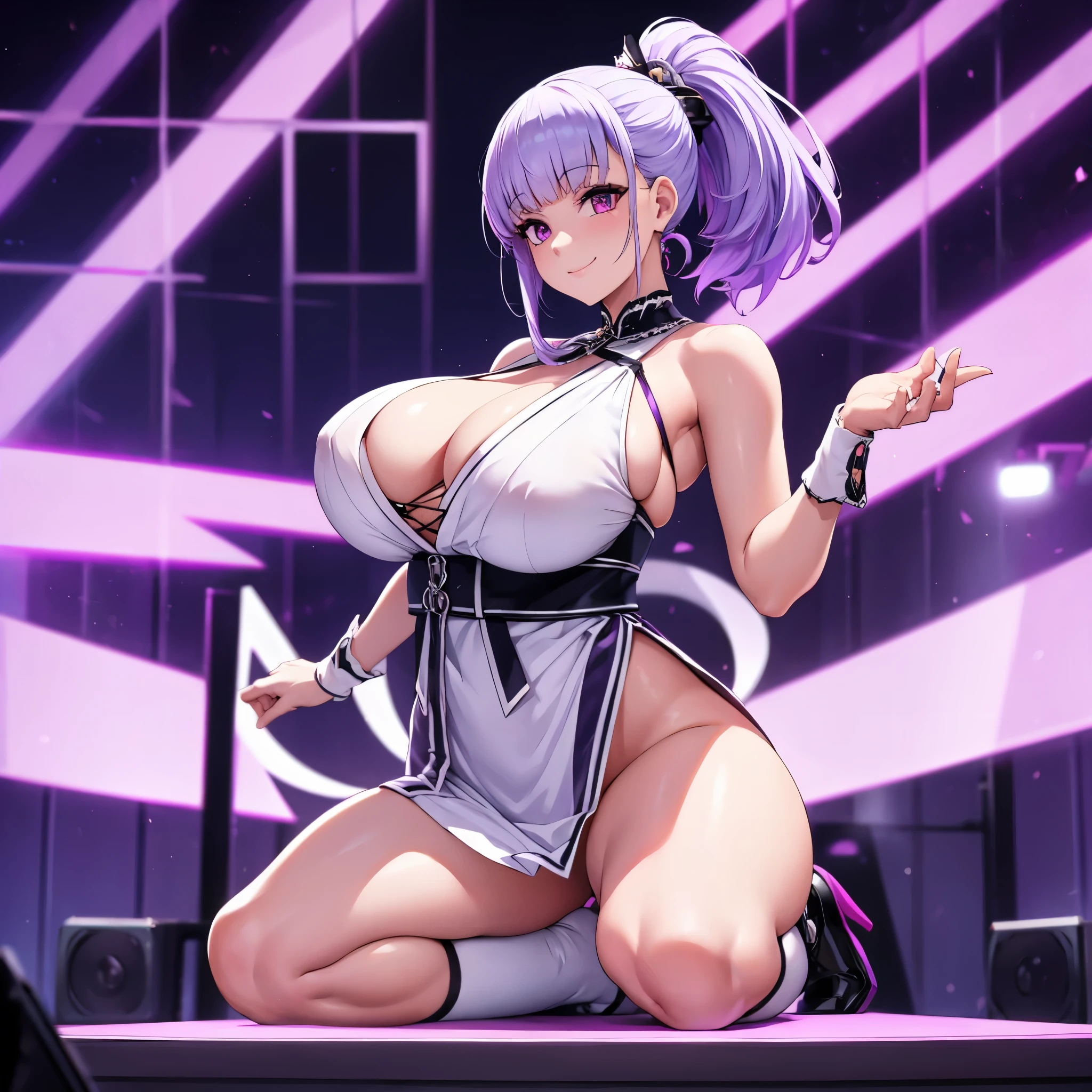 A woman wearing a white idol uniform with lilac details, weak lilac hair, purple eyes, ponytail hair, big breasts, on a Japanese idol style music stage, smiling, full body, different lighting in the place,.HDR, ultra resolution, well defined, masterpiece, 8K HD. (solo woman)
