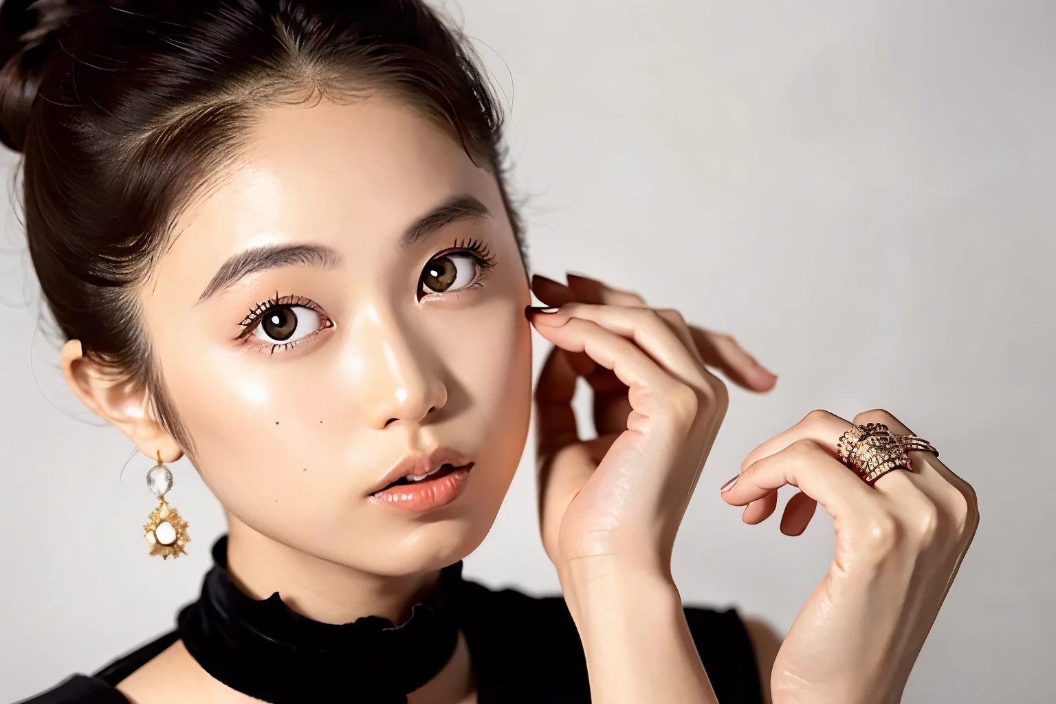 (Ogawa Noriko)、1girl, solo, short hair, simple background, brown hair, black hair, dress, jewelry, upper body, earrings, parted lips, necklace, hair bun, black eyes, lips, single hair bun, ring, realistic,