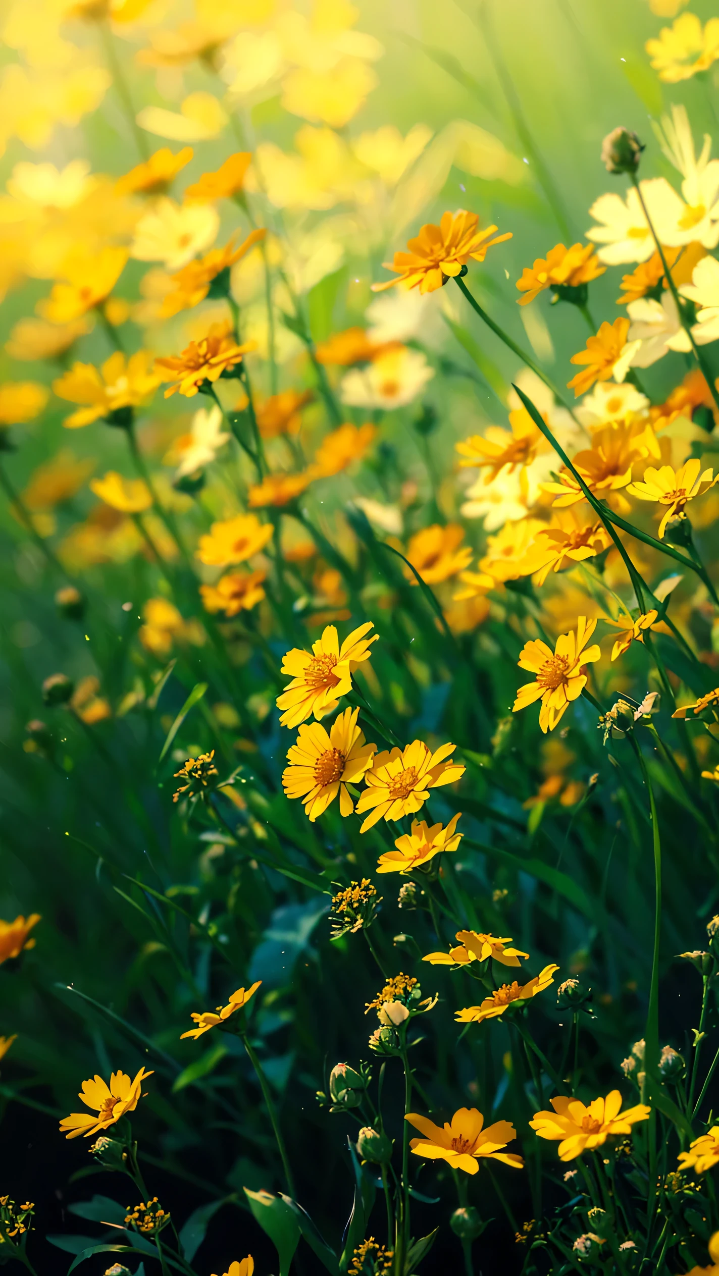 yellow flowers in a field of green and yellow flowers, yellow flowers, surrounded flower, full of yellow flowers flowers, with yellow flowers around it, field flowers, cosmos in the background, in a field of flowers, yellow and green, orange blooming flowers garden, shallow focus background, meadow flowers, marigold flowers, marigold background, summer meadow, field of flowers background