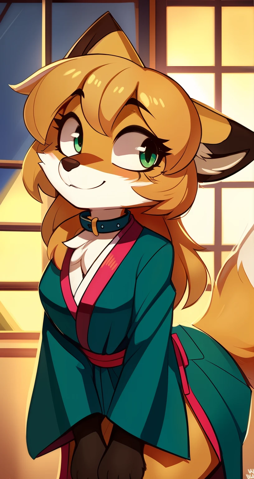 Nervous smiling, uploaded the e621, beautiful and detailed, woman (((female))) ((anthro)) Fox, (Averi, Fox girl), by waspsalad, by phluks, by zero-sum, cinematic lighting, Fox, (anthro, fluffy fur, character focus:1.1), 1girl, anthro fox girl, body fur, curvy, sexy, nice, cute, hot, comfortable anime-style cartoon-style, digital drawing, collar, (half-closed eyes), green eyes, bent over, light blue battle kimono