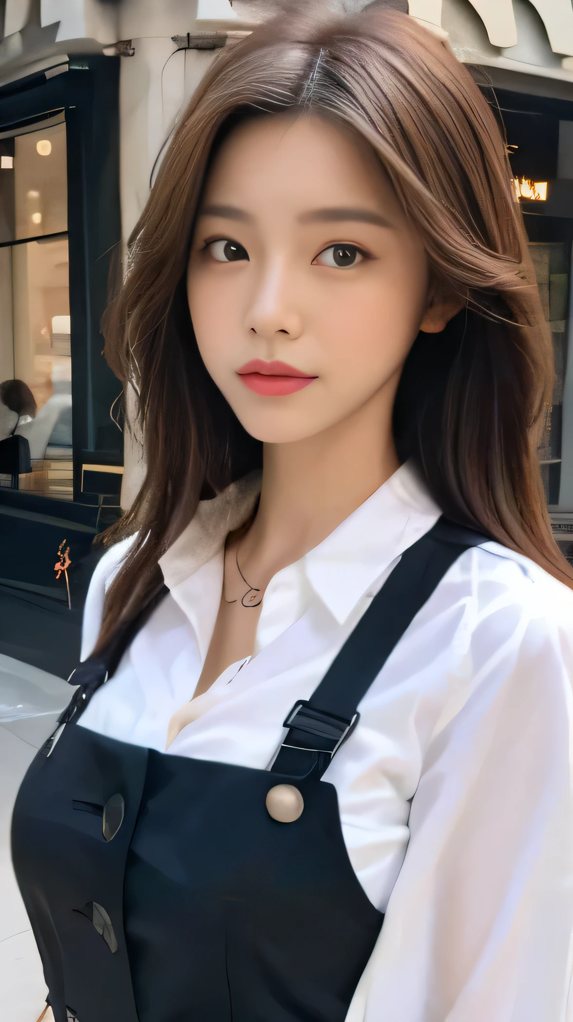 ((best quality, 8K, masterpiece :1.3)), sharp focus :1.2, pretty girl with perfect body :1.4, slim abs :1.2, ((dark brown hair, big bust :1.2)), (White button-up long shirt :1.1), city street:1.2, Highly detailed face and skin textures, detailed eyes, double eyelid