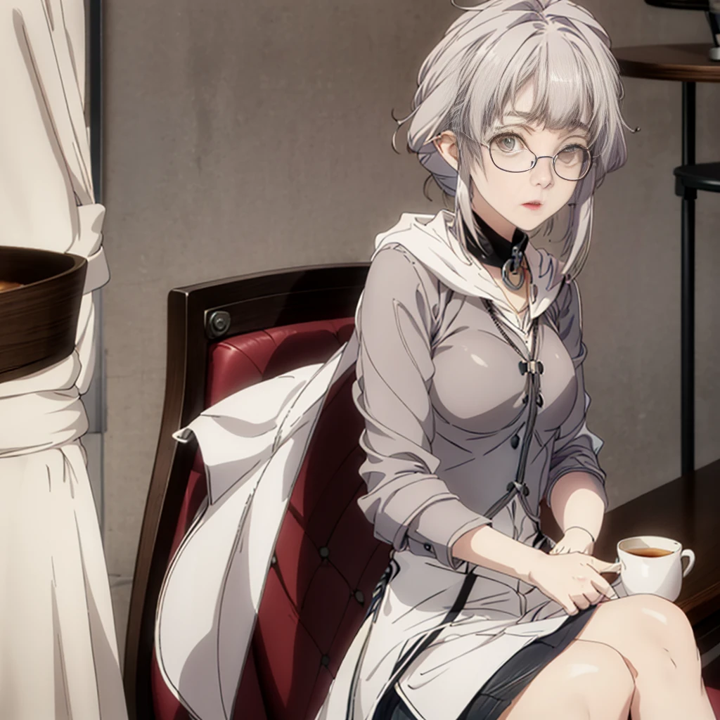 cinematic lighting, highly detailed skin,1 girl, highest quality, cyber punk, (dim color, soothing tone:1.3), (beautiful woman, detailed beautiful facial features, short white silver hair, grey eyes, glasses, slender body:1.3) (Glasses:1.5) break (white, silver, grey thick coat for winter:1.2), white silver knit tops, leather style tight pants (iron table) (sit on a chair:1.3) morning, early morning, morning at work, eat breakfast at a café, Sherry