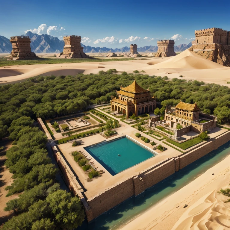 The Reuven Empire is a majestic kingdom with a grand stone castle as its centerpiece. The citizens of this kingdom are known for their skills in making spices that infuse the air with a distinct aroma. Though the land is dry, it is not a desert, and the people have adapted to this biome by developing a unique way of life. The castle is built in a taiga region, with lots of sand. It is luxurious, and is built near a huge oasis. It has many dead trees and sand hedges.