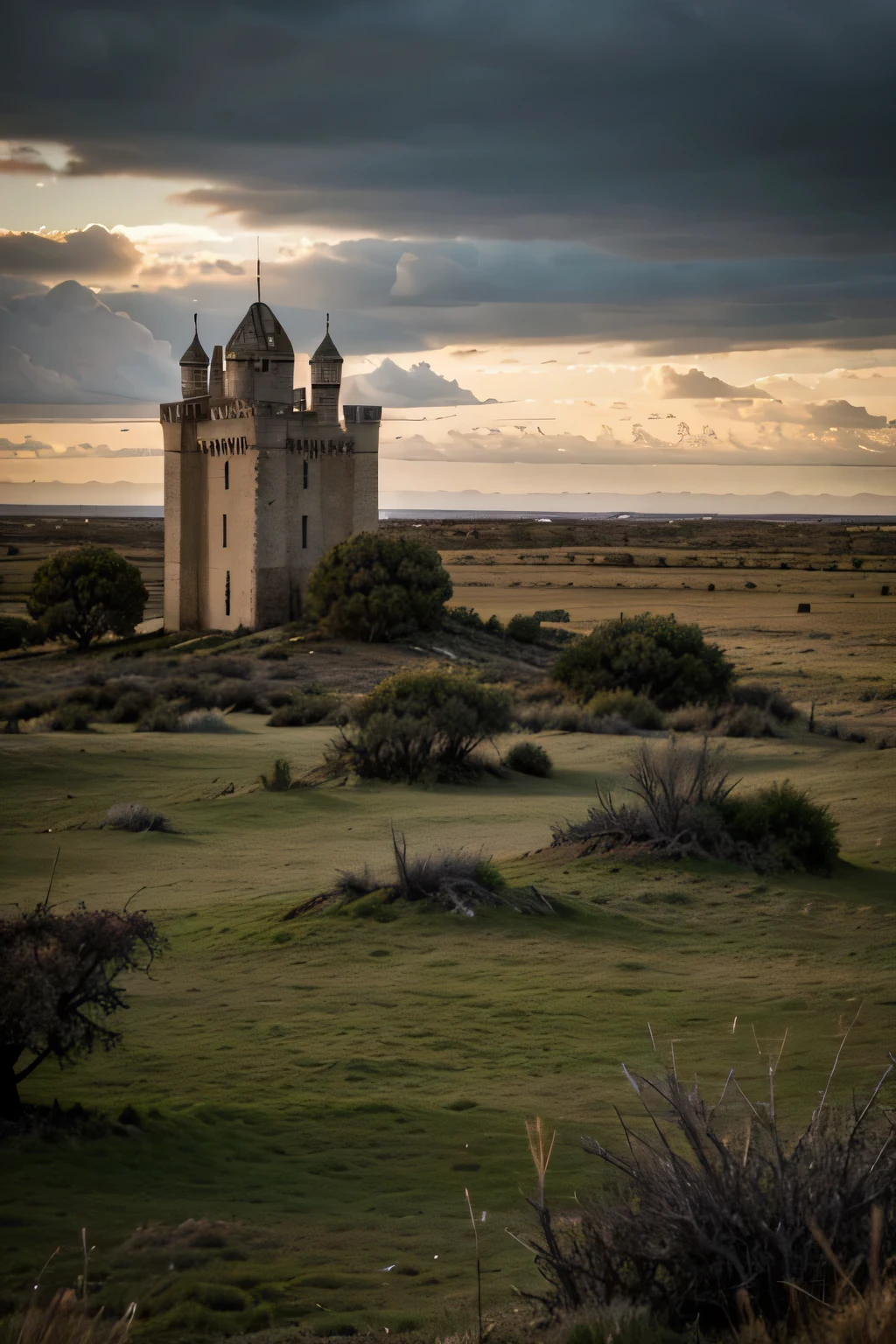 The horizon is dominated by a cloudy and gloomy sky.
En primer plano, there is a rugged terrain with withered grass and twisted trees.
Al fondo, se alzan imponentes castillos en ruinas, con torres derrumbadas y murallas desmoronadas.
The atmosphere is desolate, con un aura de decadencia y abandono.
