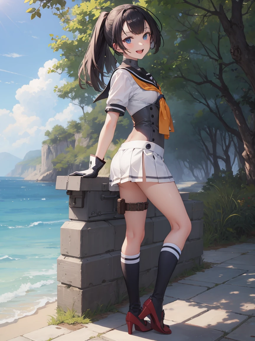 AkizukiKC, (Akizuki) uniform, (black) hachimaki, (black) sailor collar, (yellow) neckerchief, (multicolored) gloves, (white) pleated skirt, (grey) boots, (white)(black) gloves, (right-side) thigh strap,(short sleeves) serafuku, (grey) corset, miniskirt, (small breasts, small body), small butt, bottomless
BREAK 
full body shot, Portrait, arms behind back, head tilt
BREAK
(happy smile), open mouth
BREAK
official art, best masterpiece, best quality, best resolution, 8K, best detailed, highly detailed hands, highly detailed fingers, very detailed mouth, perfect anatomy
BREAK
(sea, on the sea, sky), dust, dust, light particles, facing to viewer, , very fine and detailed 16KCG wallpapers