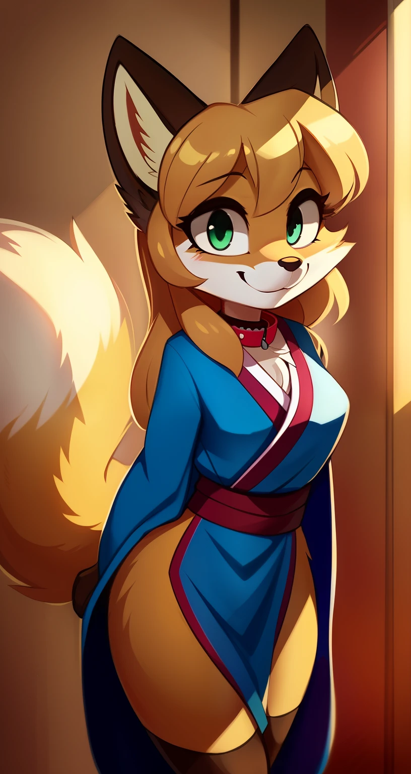 Nervous smiling, uploaded the e621, beautiful and detailed, woman (((female))) ((anthro)) Fox, (Averi, Fox girl), by waspsalad, by phluks, by zero-sum, cinematic lighting, Fox, (anthro, fluffy fur, character focus:1.1), 1girl, anthro fox girl, body fur, curvy, sexy, nice, cute, hot, comfortable anime-style cartoon-style, digital drawing, collar, (half-closed eyes), green eyes, bent over, light blue battle kimono