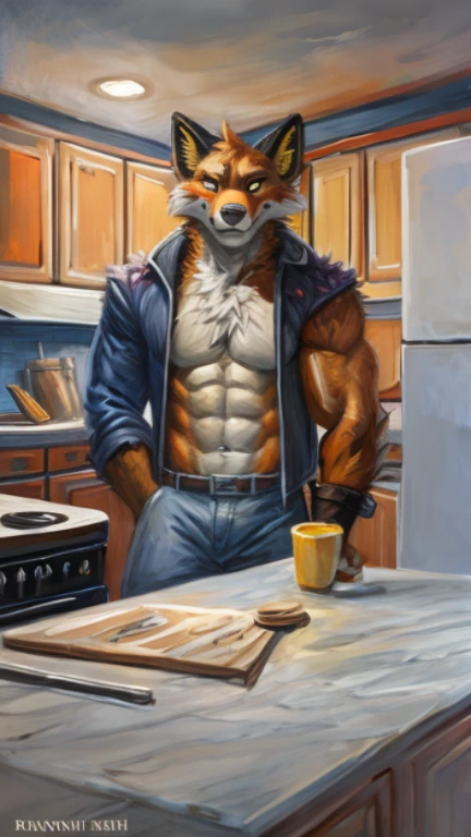 (( Fennix)) , big chest, night time, sexy, sensual, detailed, uploaded to e621, beautiful and detailed portrait of an anthropomorphic Fenix, ((anthropomorphic male Fennix))), kenket, Ross Tran, ruan jia, uploaded to e621, zaush, foxovh, movie lighting, , muscular toned, muscles, muscular build, anthropomorphic, inside a kitchen inside of a house