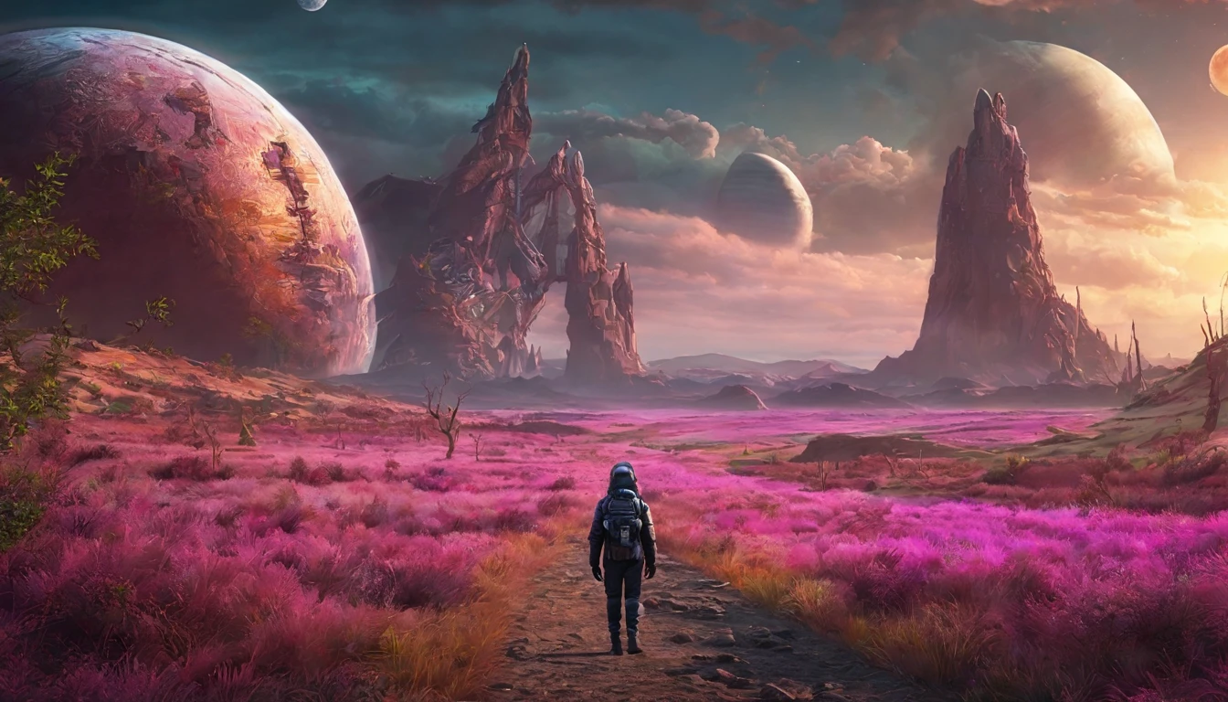 Strange alien landscape, Twin Suns, Atmospheric Color, fields, Background tree々, Dense foliage, animal, picturesque, photograph, synthwave
