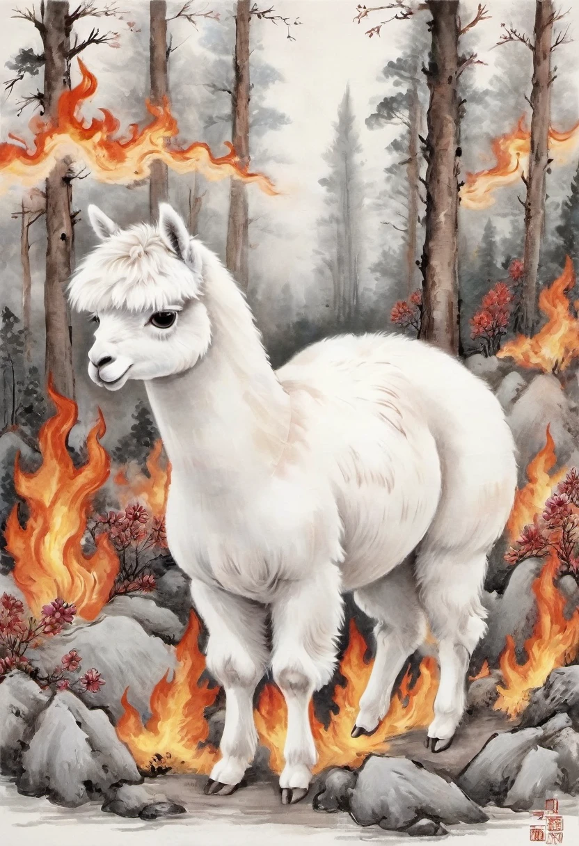 Pure white alpaca，forest，surrounded by flames，[(White background:1.5)::5]，The middle ground is，Full body love，Chinese，Flowers，stone fragments，(Beautiful and exquisite alpaca：1.1）, Dynamic depiction, Vivid and real, charming charm, rich pictures, 8k, Ink Painting, Art Deco, expected insert, wide angle, Super Detail, best quality, high resolution