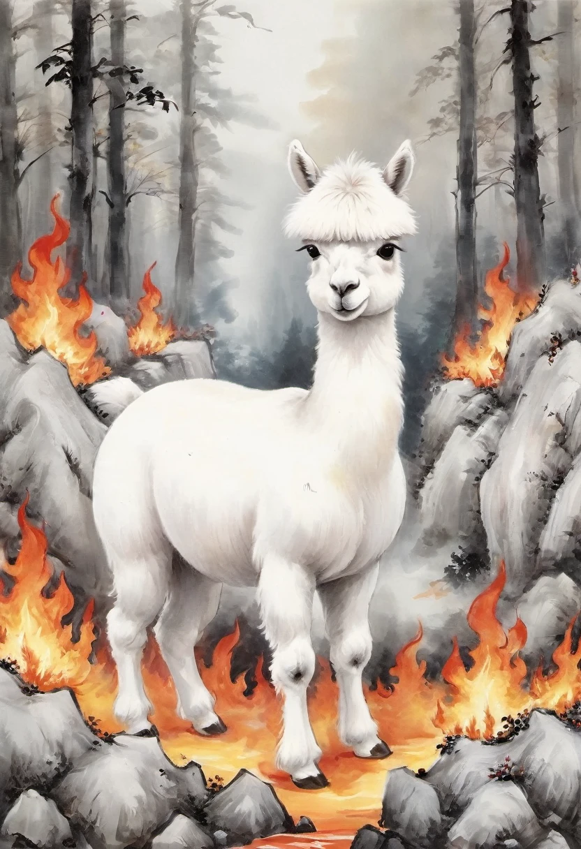 Pure white alpaca，forest，surrounded by flames，[(White background:1.5)::5]，The middle ground is，Full body love，Chinese，Flowers，stone fragments，(Beautiful and exquisite alpaca：1.1）, Dynamic depiction, Vivid and real, charming charm, rich pictures, 8k, Ink Painting, Art Deco, expected insert, wide angle, Super Detail, best quality, high resolution