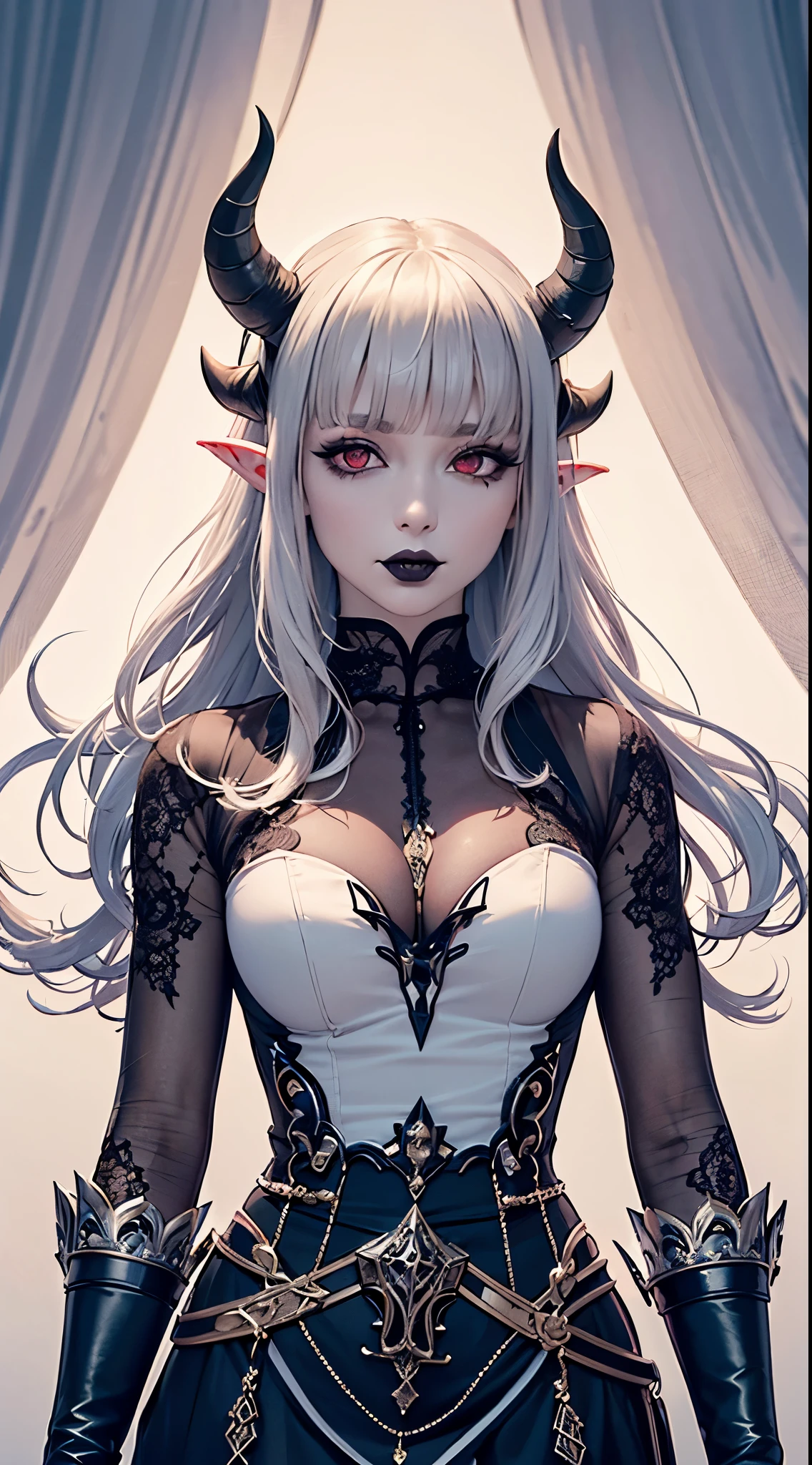 (masterpiece), (great quality), single, solo, 1 adult woman, (perfect body), pale skin, medium breasts, (((long white hair with choppy bangs))), (((red eyes)) ), Bright detailed eyes, ((long, pointy ears)), perfect face, ((black lipstick)), beautiful lips, black eyeliner, gothic makeup, ((Beautiful royal dress)), Refined and detailed dress, (((1 pair of horns))), perfect and detailed horns, ((blank white background)), simple background