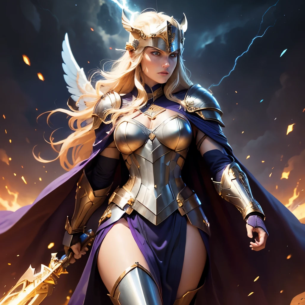 digital illustration of Thundra, the Asgardian hero, standing confidently in her deep blue/purple armor with gold trim inspired by Jack Kirby's designs. blonde hair. Capture the essence of her power as she commands thunder and lightning, with her cape resembling a star field. Include the (((Norse helm with gold wings))) and showcase her right hand covered in a heavy armored glove. cosmic background. deep v neck. stern expression, (best quality), (masterpiece), realistic, sharp, 8k, (helmet), (purple armor), valkyrie, (full body), pretty face, (blue eyes)
